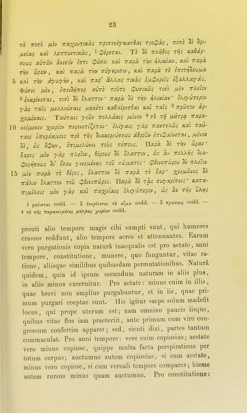 TO TOTS fZSV TTOiXWriKOCq TpO(T£V€yXX76xi TpO(pXg , TTOTS fisixg Koc) XsTrrvvTixaq, ^ (pspsroii. To Vs TrAijdog rijg xxSxp- (TSCCC XVtZv hl(TOV i<TTt (pUITSl KM TTXpO, T^V yi'MKlXV, KCil TTapOi TV)V CCpOiV , KOil TTXpCC TVjV (TUyxpKTIV, Xx) TTXpCi TO iTTlTyihvf^lZ 5 )tx) Tv\v ayccyhv, ax) Trxp oiKKxq Tiva-q ei/.(p£psiq i^xkKxyxg. ^uo-£i !x,ev, STrsihvfn-sp xuto tovto (puaixug Tm f/.h TrKslov ^hxpivsTXi, Tm sKxttov Trxpcc Ts Tvjv vjKmxv oKiyccTspov ycip TxTg [jt,sXhov(TXii; (/.vixsti nx^xipstr^xi Kxl Txlg ^ irpaTOV xp- XOf^ivxig- TxuTXic yom mXKxKiq (mvov * to [/.yirpcf. Ttxpx- 10 Ksifxsvov xwpiov TrspivoTi^sTxr oxiyxig yxp TvxvTeXuq xx) rxv- TXic vTTspxKfjtoig Trpo Tijg ^ixxopsua-sccg Mpovv sriCpxivsTXi, f/.dvov CCg £CP>1V, STTl/^OXUVSt TOVC TOTTOVq. UxpX Ts TVIV CCpXV sxpoq ytiev yxp tiKsIov , ^kpovq II sKxttov , wq h TroX'Avjq lix- (popvitTsuq §r oKov yivoiu.£vyiq tov <jo:(mxtqq- 0Stvo7rccpou 2s TrXeTov 15 fisv Txpx TO Qspoq, hxTTOV TTxpx TO exp- z£ii/.oovoq Te TXKlV hxTTOV TOV CpdlVOTTUpOU. UxpX TXq (TVyKpltrSiq ' KXTX- TTtfzsP^oiq [uv yxp y.xi Ttxxeixiq oKiymspov, m xv Tijq vKviq 1 pa/virat codd. — 2 ixxphsTM to odfj.a codd. — 3 TzpuTats codd. — 4 TO T^s napaxsi/Jiivtis /JLTn^fois xoipiav codd. prouti alio tempore magis cibi sumpti sunt, qui humores crassos reddunt, alio tempore acres et attenuantes. Earum vero purgationis copia natura inaequalis est pro aetate, auni tempore, constitutione, muuere, quo funguntur, vitae ra- tione, aliisque similibus quibusdara permutationibus. Natura quidem, quia id ipsum secundum naturam in aliis plus, in aliis minus excernitur. Pro aetate: minus enim in illis, quae brevi non amplius purgabuntur, et in .iis, quae pri- mum purgari coeptae sunt. His igitur saepe solum madefit locus, qui prope uterum est; nam omnino paucis usque, quibus vitae flos iam praeteriit, ante primum cum viro con- gressum confertim apparet; sed, sicuti dixi, partes tantura commaculat. Pro anni tempore: vere enim copiosius; aestate vero minus copiose, quippe multa facta perspiratione per totura corpus; auctumno autem copiosius, si cum aestate, minus vero copiose, si cum vernali tempore compares; hieme autem rursus minus quam auctumno. Pro constitutione: