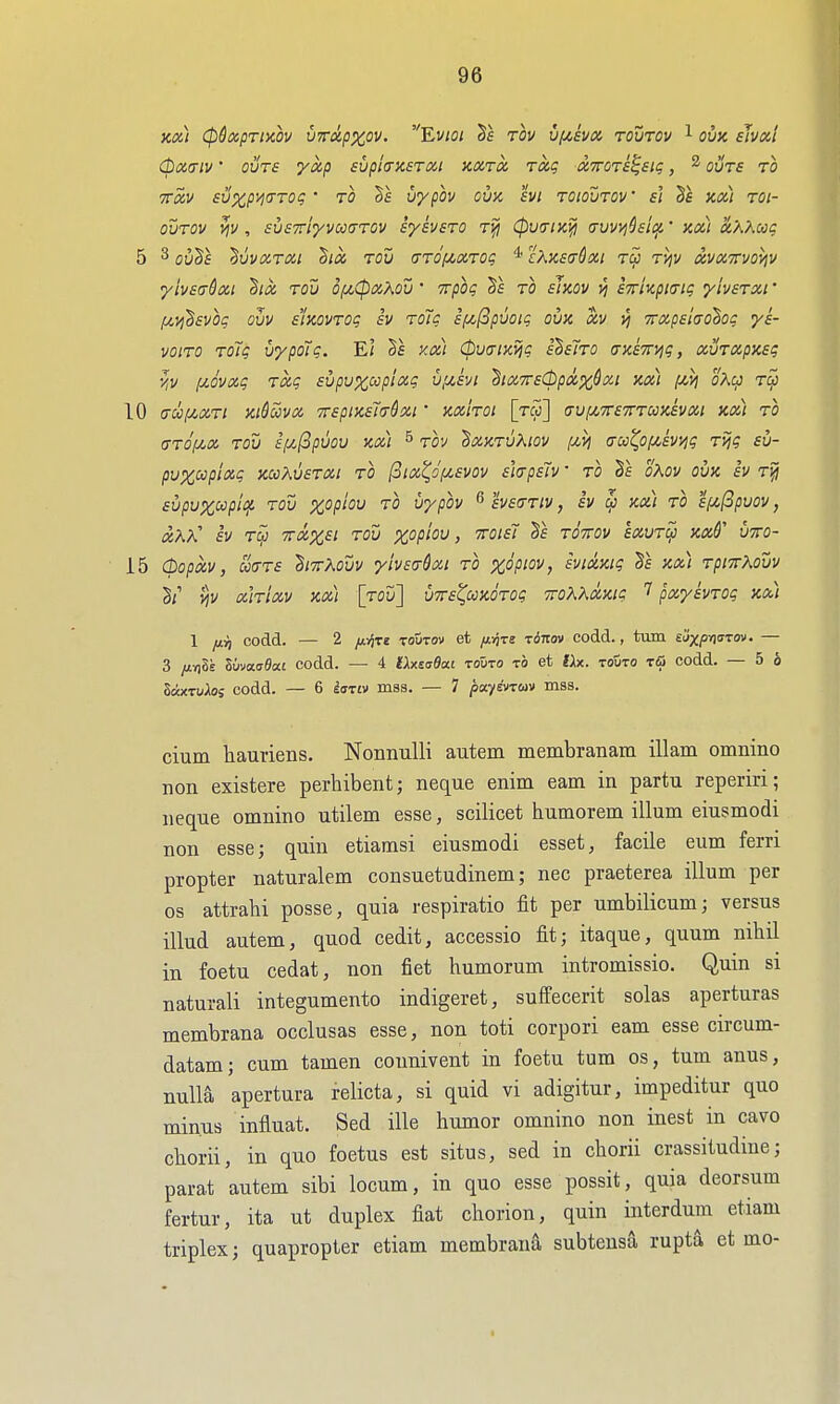 KOi) (pdxpTDCOV VTTapXOV. 'EviOl TOV Vf4,£VX TOUTOV ^ OUX. sJvCCt Cpaaiv' ouT£ yccp svpiaasTCii Kxroc rctq dTOTS^sig, ^ ours ro TTxv £u%p^(rTO? TO vypov om hi toioutov il 5f xx) roi- ovTOv v\v, susTriyvoodTOv syavsTO (pvtrix,^ auvvjhli^' xx) xXXug 5 3 ou'Bs ^vvocTOit tioi Tou (TTOfiocroq * IhKstrQxi Tcp rvjv dvciTrvoijv yhsadxi tou ofiCpxXou ' Trpo^; ro sixov vj STrlKpia-ig yivsrxi' f/.ij^£VOg ovv e'lKOvroq iv role i(4,(3pvoig ovk av vj -TTO-peliJolog yi- voiro roTg vypoTg. El y^x) (puaiKVjg shslro ajciTryjg, xvrxpxsg ViV (jLOvxg rxg evpvxcopixg vfiivi ^txT£(ppx%,dxi xx) [/,vi oKu rqi 10 lydifixri iciSuvx TrsptKsTtrSxi' KXtroi [tw] avf4,7r£7rrccKivxi kx) ro (TTOfj!,x roil ifA,j3pvou Kx) 5 rov 'hxy.rvKiQV [xij acc^of^iviig rijg su- pvx,apixg mXverxi rb (Sixt^o'fjcsvov eiapsh • ro Ss oKov ova iv r^ Evpvxupicf, row X'^piou ro vypov ^ hetrriv, iv ai kx) rb sf4,(3pvov, xXX iv r^ TTXxsi roii ^O/o/ov, ttoisI tottov kxurcjj xxf vtto- 15 Cpopxv, wWf h'TTXouv ylvsa-dxi rb xopiov, svixKig xx) rpnrKovv viV xlrlxv xx) [roD] uTrs^ccxdrog TVoKKxxig ? pxyivrog xx) 1 fiii codd. — 2 /j.^Tt TOUTOV et /ivjre Tonov codd., turn eSxfnarov. — 3 /x-nlk Iwa.aOxL codd. — 4 fAx£iT9a£ touto to et tlx., touto tO codd. — 5 6 SaxTuAo; codd. — 6 iariv mss. — 7 payivrm mss. cium hauriens. Nonimlli autem membranam illam omnino non existere perhibent; neque enim earn in partu reperiri; iieque omnino utilem esse, scilicet humorem ilium eiusmodi non esse; quin etiamsi eiusmodi esset, facile eum ferri propter naturalem consuetudinem; nec praeterea ilium per OS attrahi posse, quia respiratio fit per umbilicumj versus illud autem, quod cedit, accessio fit; itaque, quum nihil in foetu cedat, non fiet humorum intromissio. Quin si naturali integumento indigeret, suffecerit solas aperturas membrana occlusas esse, non toti corpori eam esse circum- datam; cum tamen counivent in foetu turn os, turn anus, nulla apertura relicta, si quid vi adigitur, impeditur quo minus influat. Sed ille humor omnino non inest in cavo chorii, in quo foetus est situs, sed in chorii crassitudine; parat autem sibi locum, in quo esse possit, quia deorsum fertur, ita ut duplex fiat chorion, quin interdum etiam triplex; quapropter etiam membrana subtensa rupta et mo-