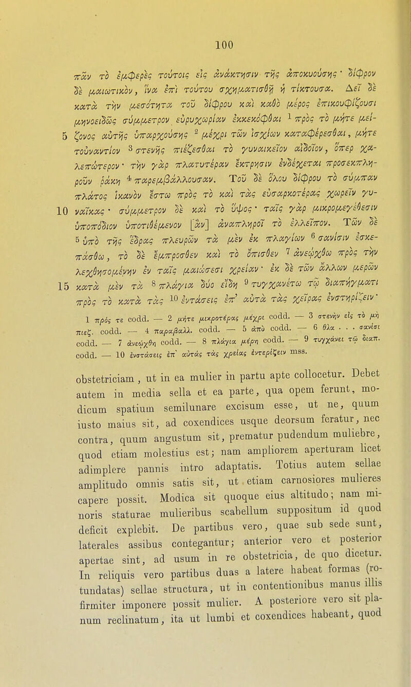 TTXV TO ifji^spsg rovTOtc sU &vo!.ktvi(tiv TVjc; xwoKvovavic;' ^i0pov (jt.xicoTiy.ov, 'ivx Im rovrov tr^j^/^iXT/o-^^ vi tIxtovo-x. AsT Sf xxrx rijv iJ,e(TOTVjTX rou ^icppov xx) nxdo f^spog sTrmucpi^ouat f/,yjVO£i^S)g (TV//,f/,£Tpov svpvxccpixv imsxdCpSxi l Trpog to (^yjTe i^ei- 5 t^Qvog xvTvjg vTTxpxovtrvjg ^ iJt,£%pi toov \(T%iccv y.xrxCpip£(T&xt, (^ijT£ TOVVXVtIoV 3 (TT£VVig 7ri£^£<T6xi TO yVVXIX,£70V x'thJoV, 0T7£p XX- X£7rCCT£pOV TVjV yxp 7rKXrUT£pXV £iirpy,(TlV £V^£%£TXI 7rpo(T£y.TKvi- POUV pXX>] '^7rxp£!J.fixKK0U(TXV. TOU 11 O'AOU liCppOV TO aVfATTXV TTXxTog Imvov £<jtoo TTQog TO xx) Txg £uaxpxoTipxg x^p£Tv yu- 10 vxiKxg' <Tvy.i/,£Tpov xx) TO vilog • Txlg yxp fMxpofA,£r£haiv UTTOTTO^lOV U7r0TlS£f^£V0V [xv] XVXTTKVjpol TO IXXflTTOV. TwV §£ ByTTO Tvig B^pxg 7rK£vpm tx f^h h TrXxyiuv ^ (jxviinv hxe- TTXffdco, TO T& sf^Tpoahv xx) TO miakv ? «V£co%^w -^pog TijV K£x^yi'yo[j!.£ynv £v Txlg f/.xii(T£(7i %/5f;W- ix Tb toov xKXoov i/.£pccv 15 xxtx fih TX ^TTAxyix ^vo iih 9 Ty:^%<JiviTO diXTryiyf^xTt Trpog TO XXTX Txg 1° £VTX<r£ig Itt xutx Txg X£'ipxg £vaTyipi:£iv ■ 1 TTfidg T£ codd. — 2 ^rire /MxpoHpoii lUxpi codd. — 3 c7tsv»jv £?s -ri ms?. codd. — 4 7ra/=aySaAi. codd. — 5 ciiti codd. — 6 flia . . . ^aviai codd. — 7 &-i^d^x^n codd. — 8 itUyioL i^ipn codd. — 9 t^x* 5'=^- codd. — 10 ^v(jT«(j££s It: aurcls rag x/=«^«S ^JTe/stJeiv mss. obstetrician!, ut in ea mulier in partu apte coUocetur. Debet autem in media sella et ea parte, qua opem ferunt, mo- dicum spatiuin semilunare excisum esse, ut ne, quum iusto mains sit, ad coxendices usque deorsnm feratur, nec contra, quum angustum sit, prematur pudendum muliebre, quod etiara molestius est; nam ampliorem aperturam hcet adimplere pannis intro adaptatis. Totius autem sellae amplitudo omnis satis sit, ut etiam carnosiores muheres capere possit. Modica sit quoque eius altitudo; nam mi- noris staturae mulieribus scabellum suppositum ad quod deficit explebit. De partibus vero, quae sub sede sunt, laterales assibus contegantur; anterior vero et posterior apertae sint, ad usum in re obstetricia, de quo dicetur. In reliquis vero partibus duas a latere habeat formas (i-o- tundatas) sellae structura, ut in contentionibus manus illis firmiter imponere possit mulier. A posteriore vero sit pla- num reclinatum, ita ut lumbi et coxendices habeant, quod