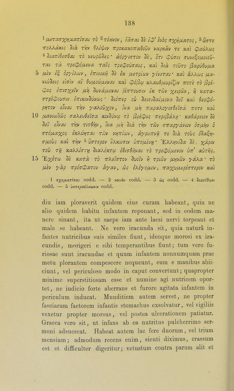 TTOKKOMIC hx TV,V ^Kl^tV TrpOXCCKOTTOcSoUV VOCpKCiV T£ KCKt C^CiVKuq * hoiri^saQai to vsvpSi^ec • cUpyiarov , or; Cpura (tvvs^oimiov- TXi rx Tp£(pof/,£Viz Touq TpsCpoucrxii;, Kx) lioi TOVTO (3xpvdv(^x 5 f^h f'f opyixuv, irutKij ix fierptuv yiverxi' kx) &MMg viuhic £}(r]v a] dv[^ouf/,£vxi xx] (po(3cfi xKxuQfMpi^ov ttote to jSps- CpOg £7ri(TX,£7v pCVj ^VVXf^SVXl pilTTOVdlV £X Tciv ^f/pWI/, V) XXTX- (TTp'sCpovcnv iTTixiv'^uvccg • ^to7r£p ou ^£iai^xlfj,ovx Sf7 xx) 6£oCp6- pyjTOv sJvxi TViV yxXou'Xpi', 'I'vx fzij 7rxpxKo'yi(7&£'i<roc ttote xxi 10 (Mvicc^Sig (rxX£vd£7a-x xivlvva to (opsCpog 7r£pi(3xX;fi' >ix6xp£iov 3e SfT £hxi TVjV TItQvIV , hx IJ.Vi 'BlX TVIV Toiiv (jTTxpyxvccv oaf^ijv b (TTopMxog IxXxjViTXi TOy vi^Trlccv, xypvTV^ t£ dix Toug o^x^^j- a-/u,ovg XXI TViV ^ v<7T£pov £Kxa(Jiv uTOfyOiv^' ''E.KKvjvi'^x , oc^.piv TOU T}fj XX'AKi(TT1fi ^IXXixTCp idia&ijvXl TO Tp£0O[/,£VOV UTT XVT^g. 15 'E^iro) xxTX to nrXfidTOv ^uo7v vi Tpiuv [xy^vuv yxXx' to (Jtiv yxp '7rpo(T<^XTOv xyxv, ug £XiyofX£v, 7rxxvfyi£p£(rT£pov xxi 1 a'}(yifj.a.TitTai codd. — 2 xotvbv codd. — 3 ws codd. — 4 StaxWjiiM codd. — 5 baTsposXxaatv codd. diu iam ploraverit quidem eius curam habeaut, quin ne alio quidem habitu infantem repoiiant, sed in eodem ma- nere siuant, ita ut saepe iam ante laesi nervi torpeant et male se habeant. Ne vero iracunda sit, quia natura in- fantes nutricibus suis similes fiunt, ideoque morosi ex ira- cundis, morigeri e sibi temperantibus fiunt; tum vero fu- riosae sunt iracundae et quum infantem nonnumquam prae metu plorantem compescere nequeunt, eum e manibus abii- ciunt, vel periculoso modo in caput convertunt; quapropter minime superstitiosam esse et numine agi nutricem opor- tet, ne iudicio forte aberrans et furore agitata infantem in periculum inducat. Munditiem autem servet, ne propter fasciarum faetorem infantis stomachus exsolvatur, vel vigiliis vexetur propter morsus, vel postea ulcerationem patiatur. Graeca vero sit, ut infans ab ea nutritus pulclierrimo ser- moni adsuescat. Habeat autem lac fere duorum, vel trium mensium; admodum recens enim, sicuti diximus, crassum est et difficulter digeritur; v.etustum contra parum alit et