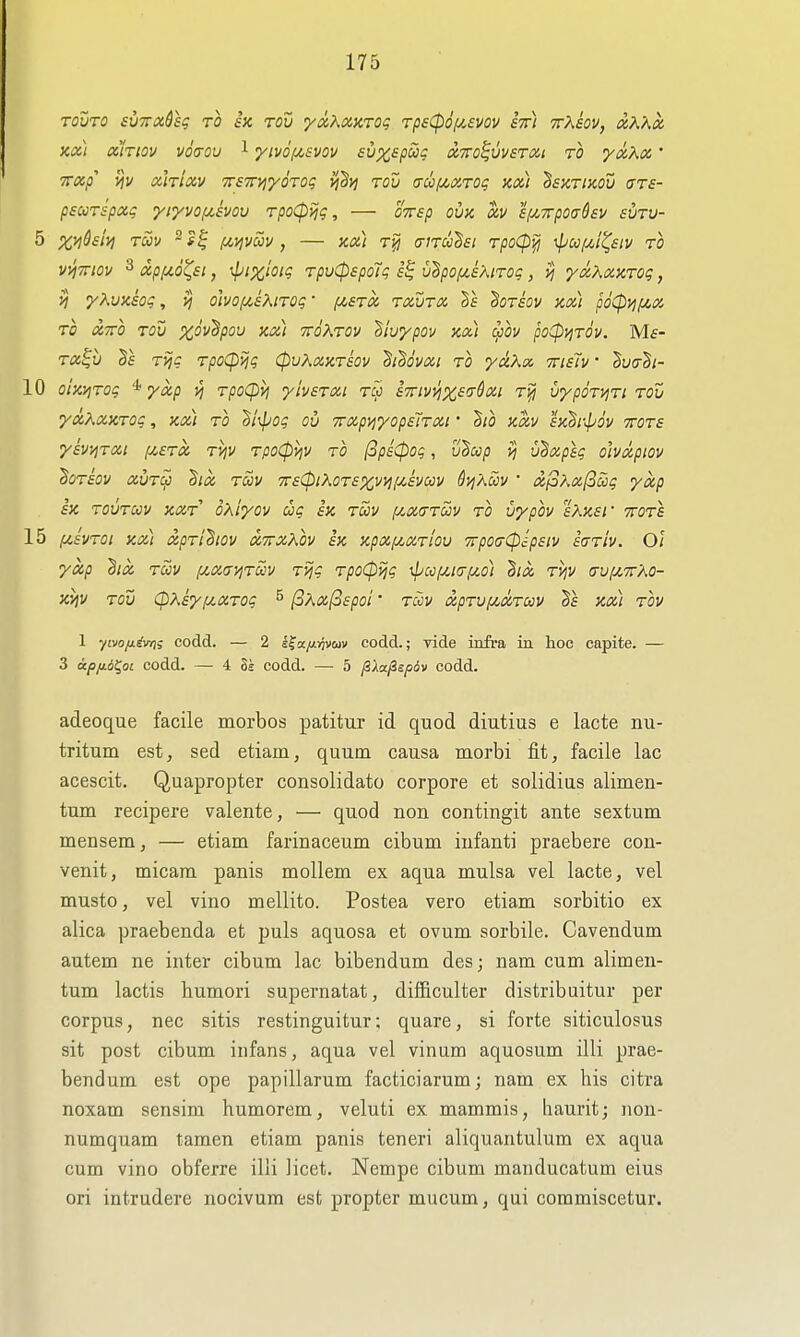 Touro suTTCcdsg TO SK Tou yoiKoiKTOi; Tp£(p6f/.£V0v stt) ttXsov, OCKhOi Kx) airiQv voaov 1 ytvof^svov suxspuc iztto^uvstm to yxXx' iraf ViV oCmxv TTSTryiyoToq y\hvi tov trufAXTOg kx) ^sxtikov (tts- pEurspxg yiyvo/xswu rpoCpijg, — OTTsp ovk xv sf^Trpocrdsi' svru- 5 x,yihly] tuv fjt,vjvoov, — kx) (rndi'Ssi rpoCp^ \pcof^i<^£iv rb v^TTiov 3 xpfz6^£i, xpixioig rpuCp£po7g v'^pof/.iXiTog, ^ yxXxKTOg, yXvxsog, ^ ohoixsKirog' yi^STX txvtx ^oriov kx) pdcpiif4.x TO XTTO TOU xov^pou Kxi ttoXtov Viv/pov Kx] q)OV pOCpijTOV. Mf- TX^u T>jg Tpo(pijg (pvXxx,T£OV 'Si'Bovxi TO ydXx ttieTv * ^uah- 10 oixvjTog * yxp Tpo(pvi yiv£Txi tcc ixtvi^x^o-dxi t^ vypoT^Ti tov •yxKxKTog, kxi to ^l\pog ov Trxpj^yopETTXi' ^tb kxv exJr^aV ttote ykv^Txi fzETX Tvjv Tpo0ijv TO (opsCpog, vdap vj v^xpsg ohxpiov ^0T£0v xvtS} ^ix tSiv 7r£(piXoT£XVi^iA£vcov Si^Xccv ' xp?Mf3Sig yxp £K TOUTCCV KXT OAiyOV Ug £K tSiV (j^X(TTCCy Tb Xjypbv £XK£r TTOTS 15 fiSVTOl Kx) XpTl'BlOV XTTXXbv £K KpXf^XTlOU 7rp0tjCpdp£IV £CiTlV. Oi yxp ^ix Tuv fixo-^jTm Tijg TpoCp^g \pccf>ci(rf/.o) hx tviv a-uf^TrXo- K'/jv TOU CpX£yf/,XTog ^ (3Xx(3£poi' Tcov xpTUfyCXTcov kx) tov 1 yivo/jL^v/i; codd. — 2 k^ajxrivav codd.; vide infra ia hoc capite. — 3 apfid^oL codd. — 4 8s codd. — 5 jSXafispov codd. adeoque facile morbos patitur id quod diutius e lacte nu- tritum est, sed etiam, quuin causa morbi fit, facile lac acescit. Quapropter consolidato corpore et solidias alimen- tum recipere valente, — quod non contingit ante sextum. mensem, — etiam farinaceum cibum infanti praebere con- venit, micara panis mollem ex aqua mulsa vel lacte, vel musto, vel vino mellito. Postea vero etiam sorbitio ex alica praebenda et puis aquosa et ovum sorbile. Cavendum autem ne inter cibum lac bibendum des; nam cum alimen- tum lactis humori supernatat, difficulter distribuitur per corpus, nec sitis restinguitur; quare, si forte siticulosus sit post cibum infans, aqua vel vinum aquosum illi prae- bendum est ope papillarum facticiarum; nam ex his citra noxam sensim humorem, veluti ex mammis, haurit; non- numquam taraen etiam panis teneri aliquantulum ex aqua cum vino obferre illi licet. Nempe cibum manducatum eius ori intrudere nocivum est propter mucum, qui coramiscetur.