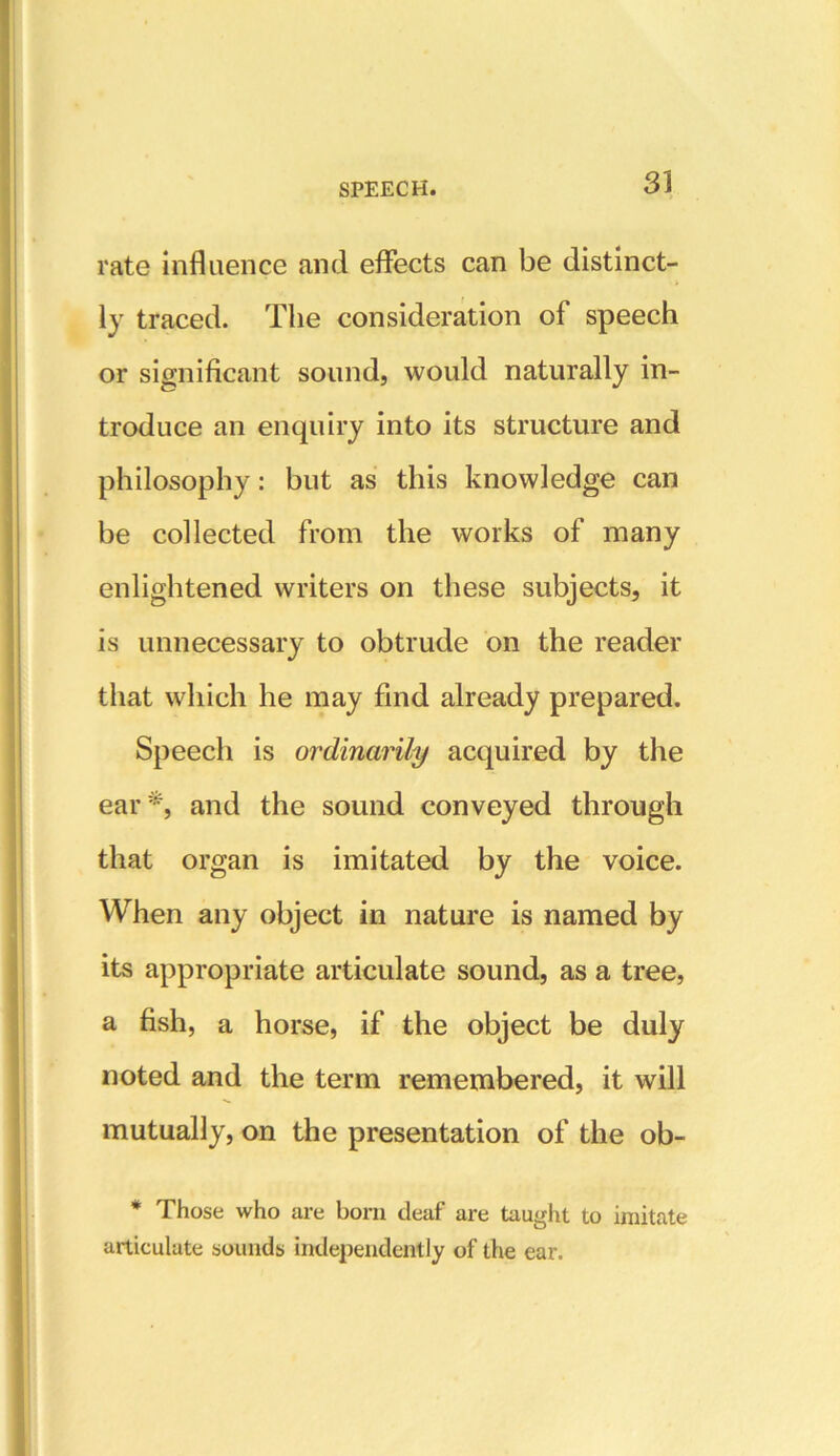 rate influence and effects can be distinct- ly traced. The consideration of speech or significant sound, would naturally in- troduce an enquiry into its structure and philosophy: but as this knowledge can be collected from the works of many enlightened writers on these subjects, it is unnecessary to obtrude on the reader that which he may find already prepared. Speech is ordinarily acquired by the ear*, and the sound conveyed through that organ is imitated by the voice. When any object in nature is named by its appropriate articulate sound, as a tree, a fish, a horse, if the object be duly noted and the term remembered, it will mutually, on the presentation of the ob- * Those who are born deaf are taught to imitate articulate sounds independently of the ear.