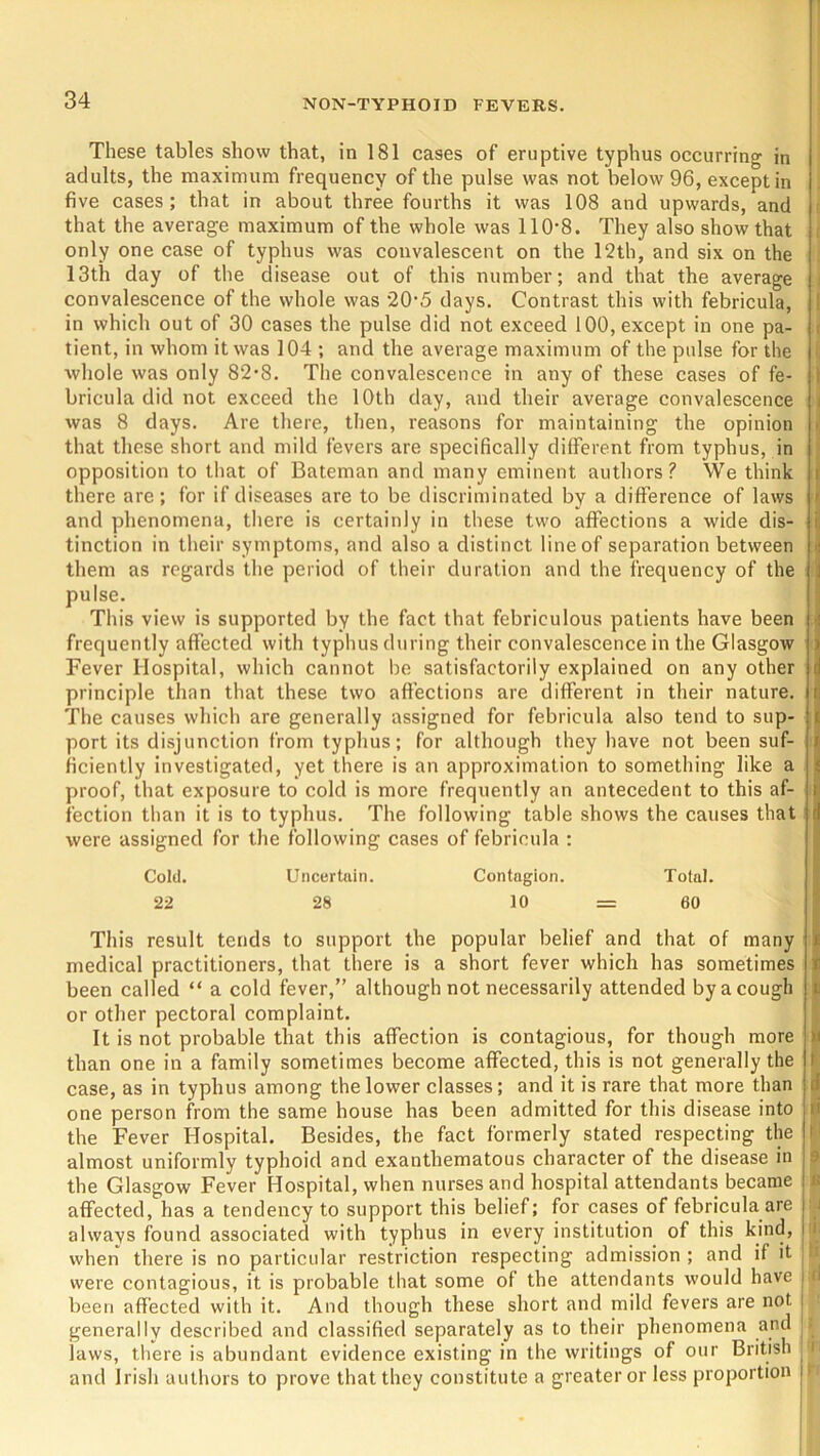 These tables show that, in 181 cases of eruptive typhus occurring in adults, the maximum frequency of the pulse was not below 96, except in five cases; that in about three fourths it was 108 and upwards, and that the average maximum of the whole was 110-8. They also show that only one case of typhus was convalescent on the 12th, and six on the 13th day of the disease out of this number; and that the average convalescence of the whole was 20-5 days. Contrast this with febricula, in which out of 30 cases the pulse did not exceed 100, except in one pa- tient, in whom it was 104 ; and the average maximum of the pulse for the whole was only 82-8. The convalescence in any of these cases of fe- bricula did not exceed the 10th day, and their average convalescence was 8 days. Are there, then, reasons for maintaining the opinion that these short and mild fevers are specifically different from typhus, in opposition to that of Bateman and many eminent authors? We think there arc; for if diseases are to be discriminated by a difference of laws and phenomena, there is certainly in these two affections a wide dis- tinction in their symptoms, and also a distinct line of separation between them as regards the period of their duration and the frequency of the pulse. This view is supported by the fact that febriculous patients have been frequently affected with typhus during their convalescence in the Glasgow Fever Hospital, which cannot be satisfactorily explained on any other principle than that these two affections are different in their nature. The causes which are generally assigned for febricula also tend to sup- port its disjunction from typhus; for although they have not been suf- ficiently investigated, yet there is an approximation to something like a proof, that exposure to cold is more frequently an antecedent to this af- fection than it is to typhus. The following table shows the causes that were assigned for the following cases of febricula : Cold. Uncertain. Contagion. Total. 22 28 10 = 60 This result tends to support the popular belief and that of many medical practitioners, that there is a short fever which has sometimes been called “ a cold fever,” although not necessarily attended by a cough or other pectoral complaint. It is not probable that this affection is contagious, for though more than one in a family sometimes become affected, this is not generally the case, as in typhus among the lower classes; and it is rare that more than one person from the same house has been admitted for this disease into the Fever Hospital. Besides, the fact formerly stated respecting the almost uniformly typhoid and exanthematous character of the disease in the Glasgow Fever Hospital, when nurses and hospital attendants became affected, has a tendency to support this belief; for cases of febricula are always found associated with typhus in every institution of this kind, when there is no particular restriction respecting admission ; and if it were contagious, it is probable that some of the attendants would have j been affected with it. And though these short and mild fevers are not. j generally described and classified separately as to their phenomena and | laws, there is abundant evidence existing in the writings of our British and Irish authors to prove that they constitute a greater or less proportion n ■ j ;d l