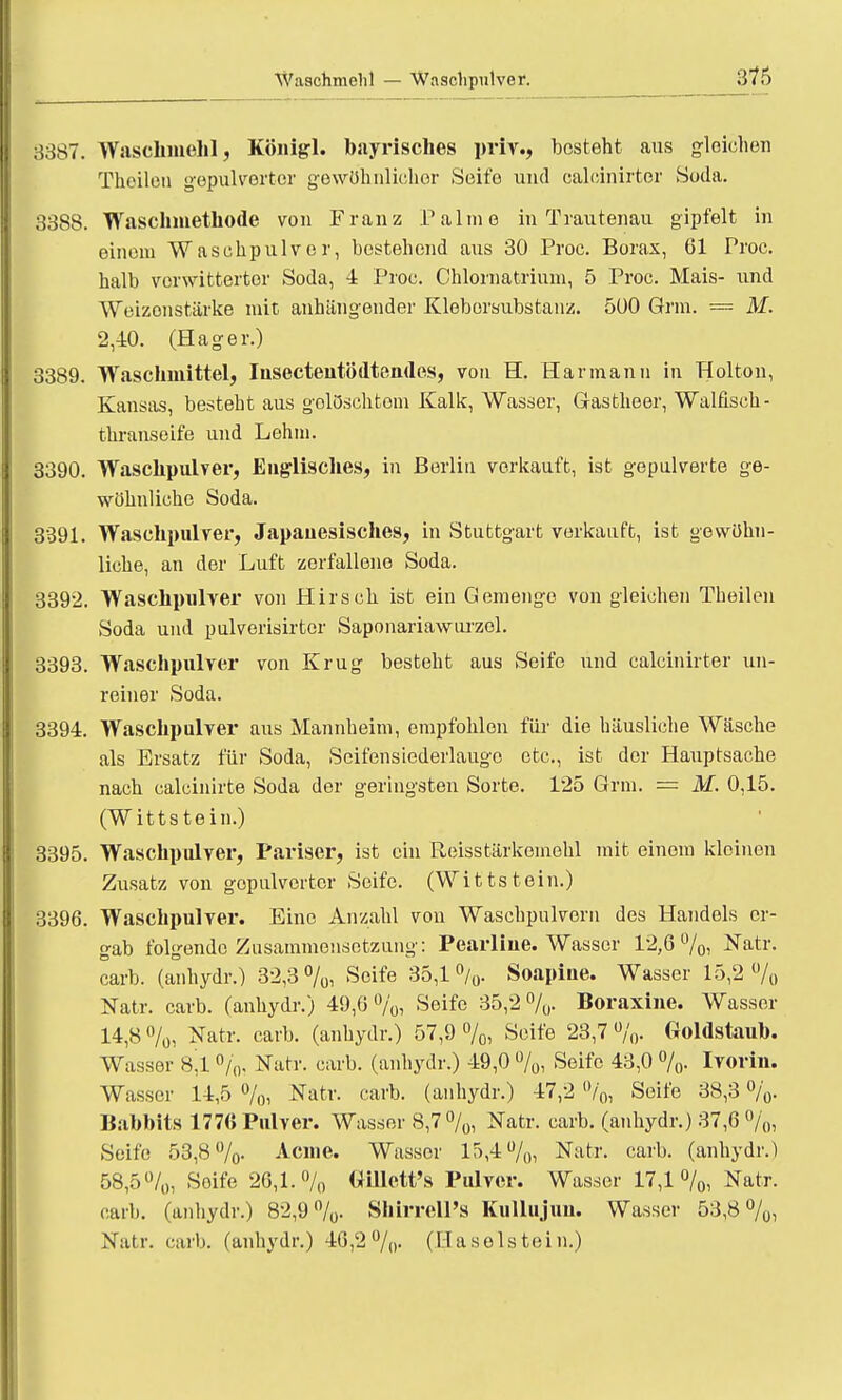 Waschmehl — Waschpulver. 376 B387. Waschmehl, Königl. bayrisches priv., besteht aus gleichen Theileu gepulverter gewöhnlicher Seife und calcinirter Soda. 3388. Waschmethode von Franz Palme in Trautenau gipfelt in einem W aschpulv e r, bestehend aus 30 Proc. Borax, 61 Proc. halb verwitterter Soda, 4 Proc. Chlornatrium, 5 Proc. Mais- und Weizonstärke mit anhängender Kleborsubstaiiz. 500 Grm. = M. 2,40. (Hager.) 3389. Waschmittel, Iusecteutödtendes, von H. Harmann in Holton, Kansas, besteht aus gelöschtem Kalk, Wasser, Gastheer, Walfisch - thranseife und Lehm. 3390. Waschpulver, Englisches, in Berlin verkauft, ist gepulverte ge- wöhnliche Soda. 3391. Waschpulver, Japauesisches, in Stuttgart verkauft, ist gewöhn- liche, an der Luft zerfallene Soda. 3392. Waschpulver von Hirsch ist ein Gemenge von gleichen Theileu Soda und pulverisirtor Saponariawurzol. 3393. Waschpulver von Krug besteht aus Seife und calcinirter un- reiner Soda. 3394. Waschpulver aus Mannheim, empfohlen für die häusliche Wäsche als Ersatz für Soda, Seifensiederlaugo etc., ist der Hauptsache nach calcinirte Soda der geringsten Sorte. 125 Grm. = M. 0,15. (Wittstein.) 3395. Waschpulver, Pariser, ist ein Reisstärkemehl mit einem kleinen Zusatz von gopulvertcr Seife. (Wittstein.) 3396. Waschpulver. Eine Anzahl von Waschpulvern des Handels er- gab folgende Zusammensetzung: Pearliue. Wasser 12,6%, Natr. carb. (anhydr.) 32,3%, Seife 35,1 %. Soapiue. Wasser 15,2%, Natr. carb. (anhydr.) 49,6%, Seife 35,2%. Boraxine. Wasser 14,8 %, Natr. carb. (anhydr.) 57,9 %, Seife 23,7 %. Goldstaub. Wasser 8*1 %, Natr. carb. (anhydr.) 49,0%, Seife 43,0%. Ivorin. Wasser 14,5 %, Natr. carb. (anhydr.) 47,2 %, Seife 38,3 %. Babhits 1776 Pulver. Wasser 8,7%, Natr. carb. (anhydr.) 37,6 %, Seife 53,8%. Acme. Wasser 15,4%, Natr. carb. (anhydr.) 58,5%, Seife 26,1.% Gillett's Pulver. Wasser 17,1 %, Natr. carb. (anhydr.) 82,9%. Shirrell's Kullujun. Wasser 53,8%, Natr. carb. (anhydr.) 46,2%. (Haselstein.)