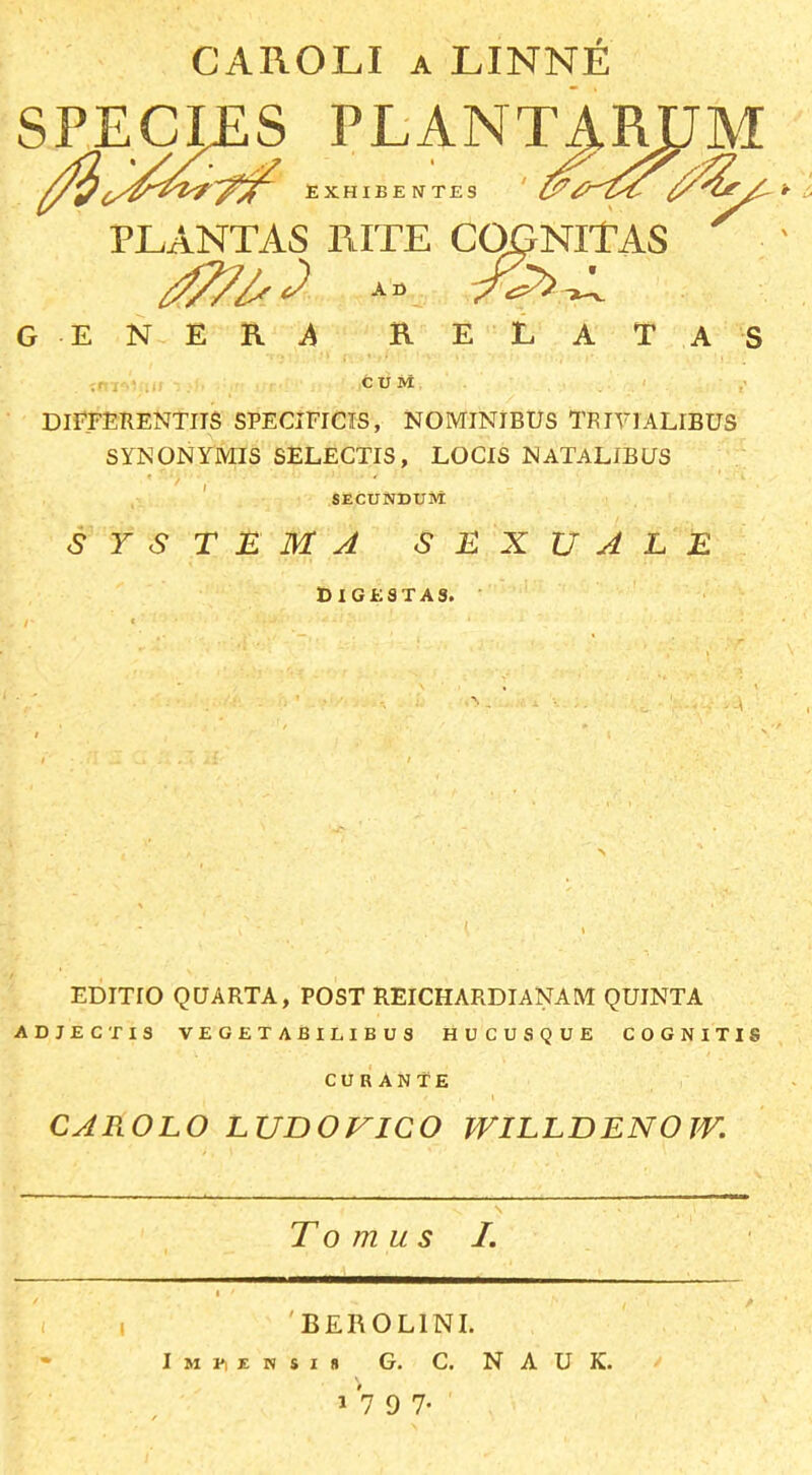 CAROLI A LINNE SPECJ^S PLANTA^M PLANTAS RITE COGNITAS A. G ENERA RELATAS CUM DIFFERENTITS SPECinCIS, NOMINIBUS TRIVIALIBUS SYNONYMIS SELECTIS, LOCIS NATALIE US f . • SECUNDUM S Y S T E M A S E X u A L E tolGESTAS. ( . EDITIO QUARTA, POST REICHARDIANAM QUINTA ADJECTIS VEGETABILIBUS HUCUSQUE COGNITIS CU R AN TE CAROLO LUDOVICO JVILLDENOW. To m u s I. I ' 'BEROLINI. I M 1*1 E N s I s G. C. N A U K.