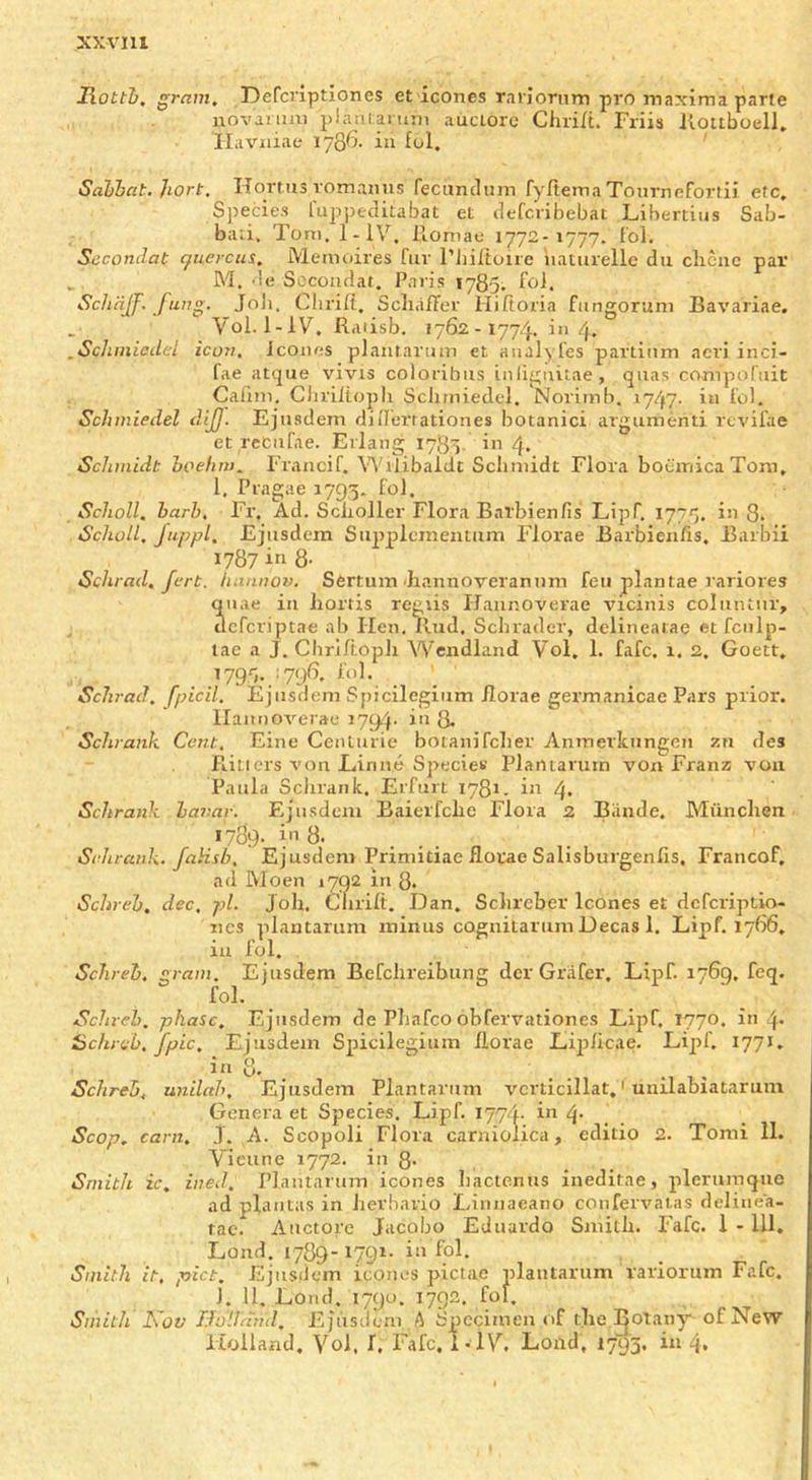 RottTj, gram. Defcviptiones et icones rariornm pro maxima parte uovaiimi plaiuaruni auclorc Chriit. Friia Jioitboell, liaviiiae 1786. in fol. SaTibat, Jiort. Hortus vomanus fecnnclum fyftema Tonrnefortii etc. Species I'uppeditabat et defcribebat Libertius Sab- bati. Ton). 1-lV. llomae 1772-1777. fol. Sccondat cfuercui. Memoires fur riiiltoiie liaturelle dii cliciic par ^ M. de Sccoudar. Paris 1785. Schtijf. fung. Joli. Clirifl. SchafFer Hifioria fungoruni Bavariae. Voi. I-IV, Raiisb. 1762-1774. in 4. ,Scluniedel icon, Jcones plaiitarum et analyfes partiiim acri inci- fae atque vivis coloribiis inliguitae, quas compafuit Cafim. Cliri/topli Schrniedel. Norimb. 1747- in fol. Schmiedel dljf. Ejnsdem diHerrationes botanici argumenti rcvifae et reCiifae. Erlang 1781. 1114. Schmidt hoefmt. Francif. Wilibaldt Schniidt Flora bocinica Tom, I. Pragae 1793. fol. Scholl, barb, Fr. Ad. Sciioller Flora Bntbienfis Lipf. 1773, in 8. Scholl, Juppl, Ejusdem Siipplcmentum Florae Barbien/is. Barbii 1787 in 8- Schrad, fert. luinnov. Sertum diannoveranum feu plantae rariores quae in hortis regiis ITaiinoverae vicinis coluntiir, , ucfcriptae ab Hen, llud. Schrader, dclineatae et fciilp- lae a J. Cliriftopli Wcndland Vol. 1. fafc. 1. 2, Goett, Schrad, fpicil, Ejusdem Spicilegiiim florae gei’manicae Pars prior. llaunOA'^erae i794- in 8- Schrank Cent. Eine CeiiLurie botanifclier Anmerkungen zn des Fiilicrs A'on Einne Specie^' Plantaruin von Franz voii Paula Schrank. Erfurt 1781. in 4. Schrank bavar. Ejusdem Baierfche Flora 2 Biinde. Miinclien 1789- in 8. Schrank. falisb, Ejusdem Primitiae florae Salisburgenris, Francof, ad Moen 1792 in 8. Schi eb, dec, pi. Job. Clirilt. Dan, Schreber leones et deferiptio- iics plantarum minus cognitarumDecas 1. Lipf. 1766, ill fol. Schreb, gram. Ejusdem Befehreibung dcr Griifer. Lipf. 1769. feq. fol. Schreb. phase. Ej)isdem de Phafeo obfervationes Lipf. 1770. in 4* Schreb. fpic. Ejusdem Sjneilegium florae Lijificae. Lipf. 1771, T n o in Schreb. unilah, Ejusdem Plantarum A’^crticillat,' unilabiatarum Genera et Species. Lipf. 1774. in 4- Scop. earn. J. A. Scopoli Flora carniolica, editio 2. Tomi 11. Yicune 1772. in 8- , Smith ic, ined. Plantarum icones Iiactcnus ineditae, plerumqiie ad plantas in herhario Idnnaeano confervat.as deline'a- tac. Auctore Jacobo Eduardo Smith. Fafc. 1 - 111. Lond. 1789-1791- in fol. Smith it. pict. Ejusdem icones pictac plantarum rariorum Fafc. J. 11. Lorid. 1790. 1792, fol. Smith Kov TJoVand. Ejusdem A Specimen of the Botany of New Holland. Vol. f. Fafc.I-IV. Lond, 1793. in 4,