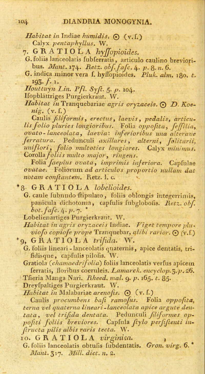 Habitat in \nAize humidis, 0 (v.f.) Calyx i>enta]}hyllus, W. 7. GRATIOLA hyJJopioid.es. G.foliis lanceolatis fubferratis, articulo caulino breviori- bus. Mant. 174.. Retz. obf.fafc. 4. p, 0. «. 6. G, indica minor vera f. hylTbpioides. Fluk. aim. 180. t. ^93* f'^* Houttiijn Lin. Pfl. Sjft. 5. p. 104. Ifopblattriges Purgierkraut. W. Habitat in Tranquebariae agris oryzaceis. 0 Z). Koe~ nig. (v. f. ) Caulis Jiliformis, erectus^ laevis ^ pedalis, articu- Us folio pluries lougioribus. Folia oppofita^ fejfiliay ovato-lanceolata^ laevia'. inferioribus una alterave ferratura. Pedunculi axillares, alterni^ folitarii, unijlorif folio multoties longiores. Calyx minimus. CorollayoZA'j- multo major^ ringens. Folia faepius ovata, imprimis inferiora. Capfulae ovatae. Foliorum ad articulos proportio nullam dat notam conftantem. Retz. 1. c. * *8- GRATIOLA lohelioides. G. caule fubnudo itipulato, foliis oblongis integerrlinis, paiiicula dichotoma, capfulis fubglobolis. Retz. obf. bot.fafc. 4- p. 7. * Lobelienartiges PurgierkraiiJ:. W. Habitat in agris oryzaceis Indiae. V^iget tempore pin. viofo copiofe prope Tranquebar, qlibi rarior. 0 (V.f.) *9, GRATIOLA trijidn. W. G. foliis lineari-lanceolatis quaternis, apice dentatis, tri- fidi&qiie, capfulis piloifis. W. Gratiola (^chamaedrifolia) foliis lanceolatis verfus apicein ferratis, floribus coeruleis. Lamarck. encyclop.’^.p.^R. Tfleria Manga Nari. Rheed. inal. 9. p. 165. t. 85* Dreyfpaltiges Purgierkraut. W. Habitat hi arenofis. 0 Cv. f.) Caulis procumbens bafi ramofus. Folia oppofita, terna vel ijuaterna lineari-lanceolata apice argute den- tatay ■vel trifda dentata. Pedunculi fdifonnes op~ pofiti foliis breviores. Capfula ftylo perfiftenti in~ fructa pilis albis raris tecta. W. 10. GRATIOLA virginicn. ^ G. foliis lanceolatis obtufis fubdentatis. Gron. virg. 6. * Mant. 317. Mill. diet, n, 2.