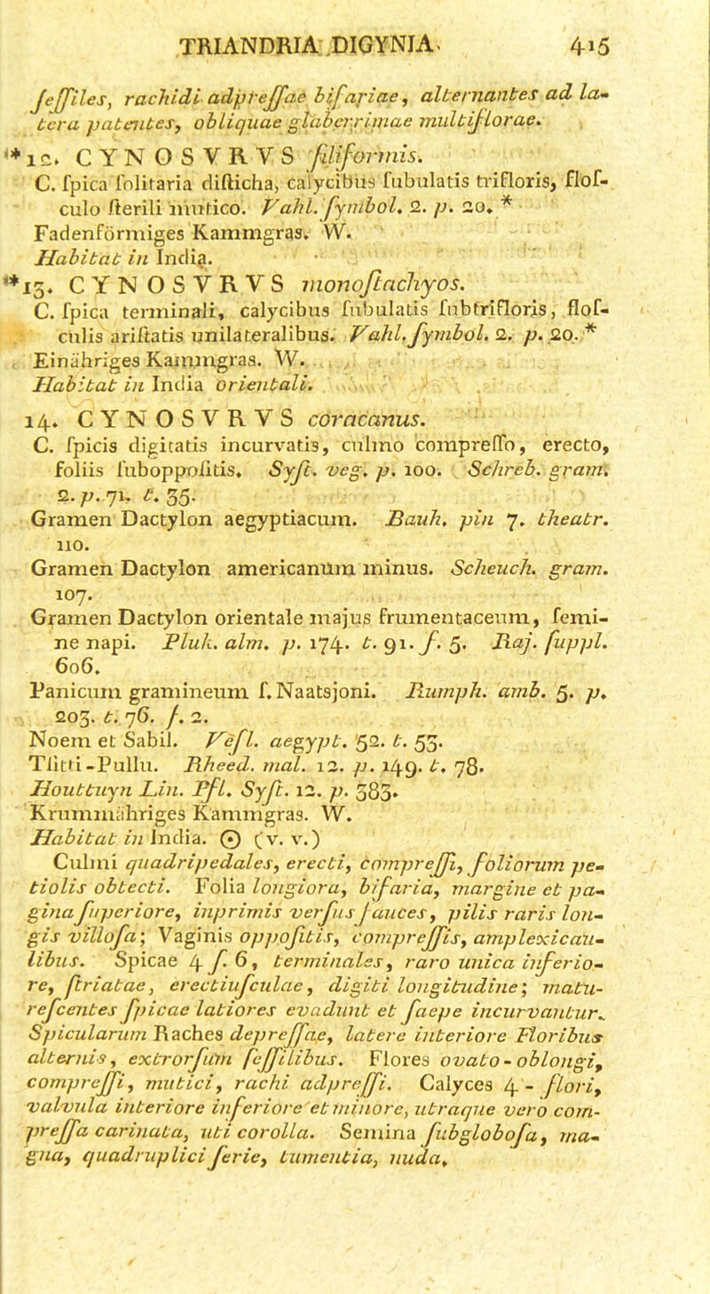 JeJfiles, rachidi adj}veJJ'a& bifaj-iae, alternantes ad la- tcra pataites, ohLiquae glahcrrimae multiflorae. '*ic. CYNOSVRVS filiformis. C. fpica i'oliraria difticha, ca'lycibus fubulatis ti-ifloris, flof- culo fterili iimtico. Vahl. fyiubol, 2. p. 2o» * Fadenformiges Kanungras^ W. Jdabitai; in \nc\i^. **iS* CYNOSVRVS moiwftnchyos. C. fpica terminair, calycibus fubulatis fnbtriflorjs, flof- culis ariftatis unilateralibus. Vahl.fymbol.2. p.2o_.* Einiihriges Kainingras. W. Habitat in India orientali. 14. CYNOSVRVS coracanus. C. fpicis digitalis incurvatis, cnlmo comprelTo, erecto, foliis fuboppoilds, 'veg. p. lOO. Schreb. gram, 2. p..y\, t, 35. Gramen Dactylon aegyptiacum. Baiih, pin 7, theatr. 110. Gramen Dactylon americamim minus. Scheuch. gram. 107. Gramen Dactylon orientale majup frumentaceum, femi- ne napi. Pluk. aim, 174. Raj. fiippl. 606. Panicum gramineum f. Naatsjoni. Ptumph. amb. 5* p* 203. t. 76, /. 2. Noem et Sabil. Vefl. aegypt. '^2. t. 53. Tiitti-Pullu. Rheed, mcd. i2. p. 149. 78* Houttuyn Lin. Pfl, Syjt. 12. p. 383* Krummiihriges Kammgras. W. Habitat in India. 0 (v. v.) Culmi qiiadripedalesy erecti, cmnpreffl^ foliormn pe- tiolis obtecti. Folia longioraj bifaria, margine et pa- ginafnperiore^ inprimis -verfusJauces, pilis raris Ion- gis villofa\ Yagmis op])ofitis, comprejfisy ampleodcau- libus. Spicae terminales ^ raro unica b^erio- re., ftriatae, erectiufculae, digiti longitudine', matu- rejcentes fj)icae latiores evadnnt et faepe incurvantur,. Spiculariim Raches de])reffap, latere interiore Floribiis alternis, extrorfum fejjilibus, Flores ovato- oblongi, compreJJ'i, mntici, rachi adprcfji. Calyces 4 - floriy valvnla interiore inferiore etniinore, utraque vero corn- preJJ'a carinata, uti corolla. Semina fubglobofa, ma- gnuf quadrupliciJerie, tumcntia, nuda.