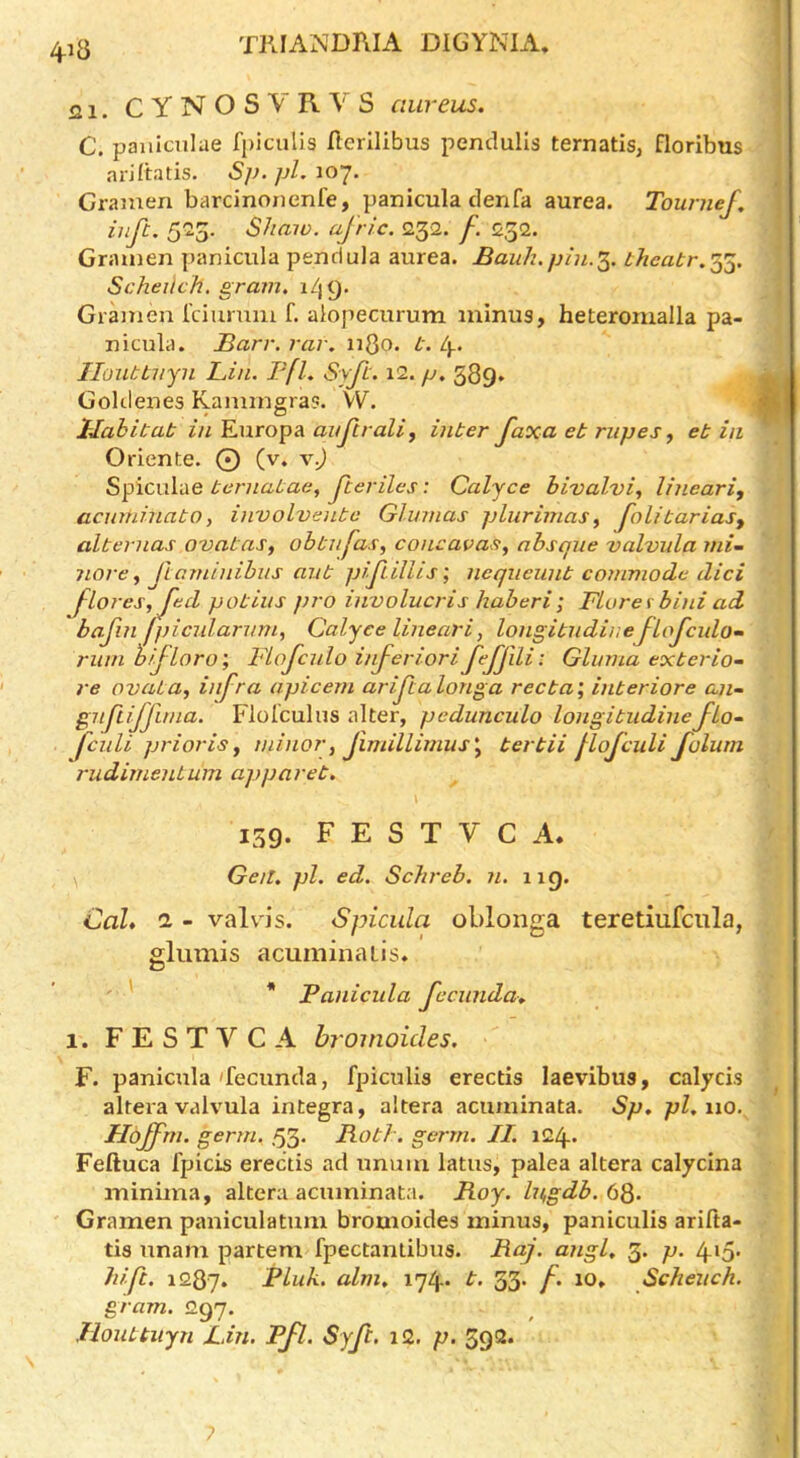 4^8 21. C y N O S y R V S aureus. C. paiiiciilae fpiculis flerllibus penclulls ternatis, floribus ariftatis. Sff. pL 107. Cramen barcinoiienfe, panicula clenfa aurea. Tounief, ill ft. 5^5. Siiaiv. ajric. Q32. f. £,52. Griunen panicula penriula aurea. Bauh.pin.'^. theabr.’^'^. Scheiich. gram. 14 9* Gramen I'ciumiu f. alopecurum minus, heteroiualla pa- nicula. Barr. rar. 1180. b. by. Iloubbvyn Lin. Pfl. Sjft. i2. p. 389. Golclenes Kammgras. W. Hahibab in Europa anftralij inber faxa eb rapes, eb in Orienfe. © (v. \.) Spiculae bernabae^ fteriles: Calyce bivalvi., lineari, acuminata y involvenba Gliimas plurimasy folitarias, albernas ovabaSy obbufas, concavaSy absque valvula niL nore y ftaminibus aitb pifLillis; nequeunb commode did f Lores, fed pobiiis pro involucris haberi; FLurer bini ad bafin fpicidaruiUy Calyce lineari, longitudinefLofculo^ rum hifLoro’y FLofculo inferiori frffdi: Gluma exterlo- re ovaba, infra apicern ariftalonga recta’, interiore an- gufuffima. Floiculus alter, pedunculo longibudinefio- fculi prior is y minor, fimillimus\ berbii flofculi folum rudimeuLum apparet. 139. F E S T y C A. Gen. pi. ed. Schreb. n. iig. Cal. 1 - valv^is. Spicula oblonga teretiufcula, glumis acuminaLis. * Panicula fecunda. 1. FESXyCA bromoicles. F. panicula'fecunda, fpiculis erectis laevibus, calycis altera valvula integra, altera acuminata. Sp. pi. Hoffm. germ. .53. Roth. germ. II. 124. Feftuca fpicis erectis ad unuin latus, palea altera calycina minima, altera acuminata. Roy. lu,gdb.C>Q. Gramen paniculatum bromoides minus, paniculis arifta- tis unam partem fpectaniibus. Raj. angl. 3. p. 415- hi ft. 1287. Pluk. aim. 174. b. 33. f. io» Scheuch. gram. G97. Jloubbuyn Lin. Pfl. Syft. i2. p. 592.