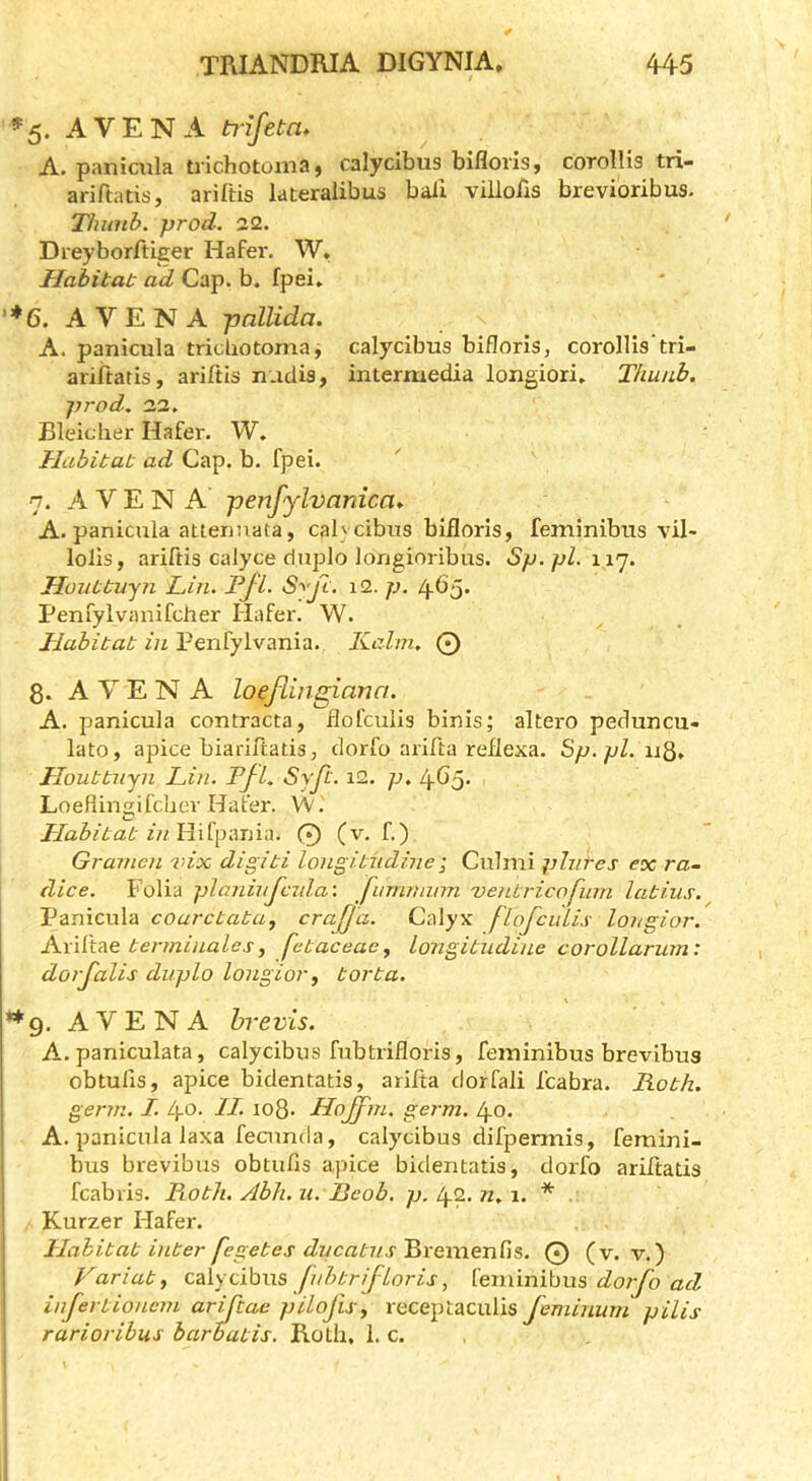 ^5. AVENA h^ifeta, A. paniciila tiichotoma > calycibus bifloiis, corollis tri- ariftatis, ariftis lateralibus bail villobs brevioribus. Thiinb. prod. 22. Dreyboritiger Hafer. W* Habitat ad Cap. b. fpei, ’*6. AVENA -pallida. A. panicula tridiotoma j calycibus bifloriSj corollis’tri- ariitatis, ariftis n-iclis, intermedia longiori, Thunb. prod. 22. Bleiclier Hafer. W. Habitat ad Cap. b. fpei. 7. AVENA penfylvanica. A. panicula attenuata, calycibus bifloris, feminibus vil- lolis, ariftis calyce duplo longioribus. Sp.pl. iij. Houttujn Lin. PjL i2. p. 4^5* Penfylvanifclier Hafer. W. Habitat in Penfylvania. Kahn. 0 8. AVENA loejlingiann. A. panicula contracta, flofculis binis; altero peduncu- late, apice biariftads, dorfo arifta reftexa. Sp.pl. ii8, Houttnyn Lin. Ffl. Syji. i2. p. 4*55* Loefiingifehev Hafer. VV.' Habitat in YiK^ATiui. 0 (v. f.) Gramcn nix, digiti longitiidinei Culmi plutes ex ra- dice. Folia planinfcula\ furnminn 'ventricofum latiu.f. Panicula courctata, cra[jd. Calyx flofculis longior. A\Kx.'A& terrninales ^ fetaceacy longitudine corollarum: dorjdlis duplo longior y tort a. **9. AVENA brevis. A. paniculata, calycibus fubtrifloris, feininibus brevibus obtulis, apice bidentatis, arifta clorfali fcabra. Roth. j germ. I. 4.0. II. io8> Hojfm. germ. 40. I A. panicula laxa feainda, calycibus difpermis, feraini- ; bus brevibus obtufis apice bidentatis, dorfo ariftatis j fcabvis. Roth. Abh.u. Reob. p. ly^.n.\. * I Kurzer Hafer. Habitat inter fegetes ducatnsJ^xcm.ex\i\s. 0 (v. v.) ; Variaty calycibus{orKmxSxxs dorfo ad infertioncm ariftae pilofiSy receptaculis feminum pilis rarioribus barbatis. Roth, 1. c. ,