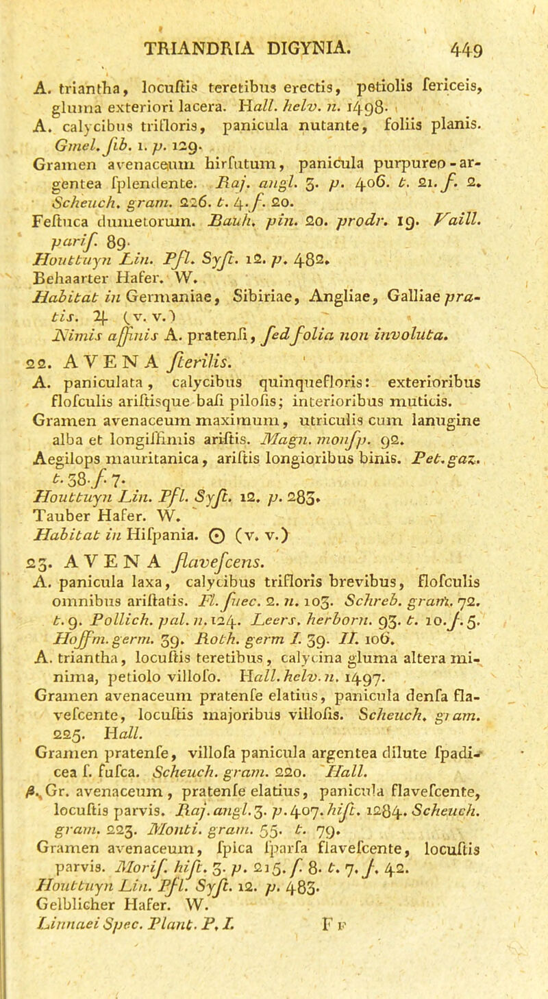 A. trlantha, locuftls tcretibixs erectis, petiolis fericeis, gluina exteriori lacera. Mall. helv. n. 1498- A. calycibns trilloria, panicula nutante, foliis planis. Gmel.fib. 1. p. 129. Gramen avenaceiiuu hirfiitum, panicula purpureo-ar- gentea fplendente. Raj. angl. 5* P> 4°^' f’ Scheuch. gram. 226. t. \.f. 20. Feftuca dumet-orum. Baulu pin. 2o. prodr, 19. Vaill. par if. 89- Houttuyn Bin. Pfl, ^jf- i2. p, 482» Behaarter HaFer. W. Habitat in Gexm.zn\z.Q f Sibiriae, Angliae, Galliae tis. 2|- (^v. v.) JSiimis afjlnis A. -pxtitenri ^ fed folia non involiita, 2 2. A YEN A fterilis. A. paniculata, calycibns quinquefloris: exterioribus flofculis ariftisque bajfi pilolis; interioribus muticis. Gramen avenaceuin maximum, utriculis cum lanugine alba et longilBmis ariftis. Magn. monfp. 92. Aegilops mauritanica, ariftis longioribus binis. Pet.gaz. ^•38-/7*. „ Houttuyn Bin. Pfl. Syft. i2. p. 283» Tauber Hafer. W. Habitat in Mi^pzxiiz. © (v. v.) 23. A V E N A flavefcens. A. panicula laxa, calycibns triflorls brevibus, flofculis omnibus ariftatis. Fl.fiec. 2. w. 103. Schreh. granX. 72. ^.9. Pollich. pal.n.xil^. Beers, herborn. 93. t. iQ.J.^. Hoffm.germ. 39. Roth, germ I. 39. IT. 108. A. triantha, locuftis teretibus, calydna giuma altera mi- nima, petiolo villofo. HaZZ. helv. 71, 1497. Gramen avenaceum pratenfe elatius, panicula tlenfa fla- vefcente, locuftis majoribus villolis. Scheuch, gi am. 225. HaZZ. Gramen pratenfe, villofa panicula argentea dilute fpadi-- cea f. fufca. Scheuch. gram. 22o. Hall. /3.^ Gr. avenaceum , pratenfe elatius, panicula flavefcente, locuftis parvis. Raj.angl.^. p.iyo^.hift. 1284* Scheuch. gram. 223, Monti, grat/i. 55- 79* Gramen avenaceum, fpica fparfa flavefcente, locuftis parvis. Morif. hi ft. 3. p. 215,/^ 8- 7.^. 42. Houttuyn Bi/i. Pfl. Syft. i2. p. 483- Gelblicher Hafer. W. Binnaei Spec. Plant. P,I. F r