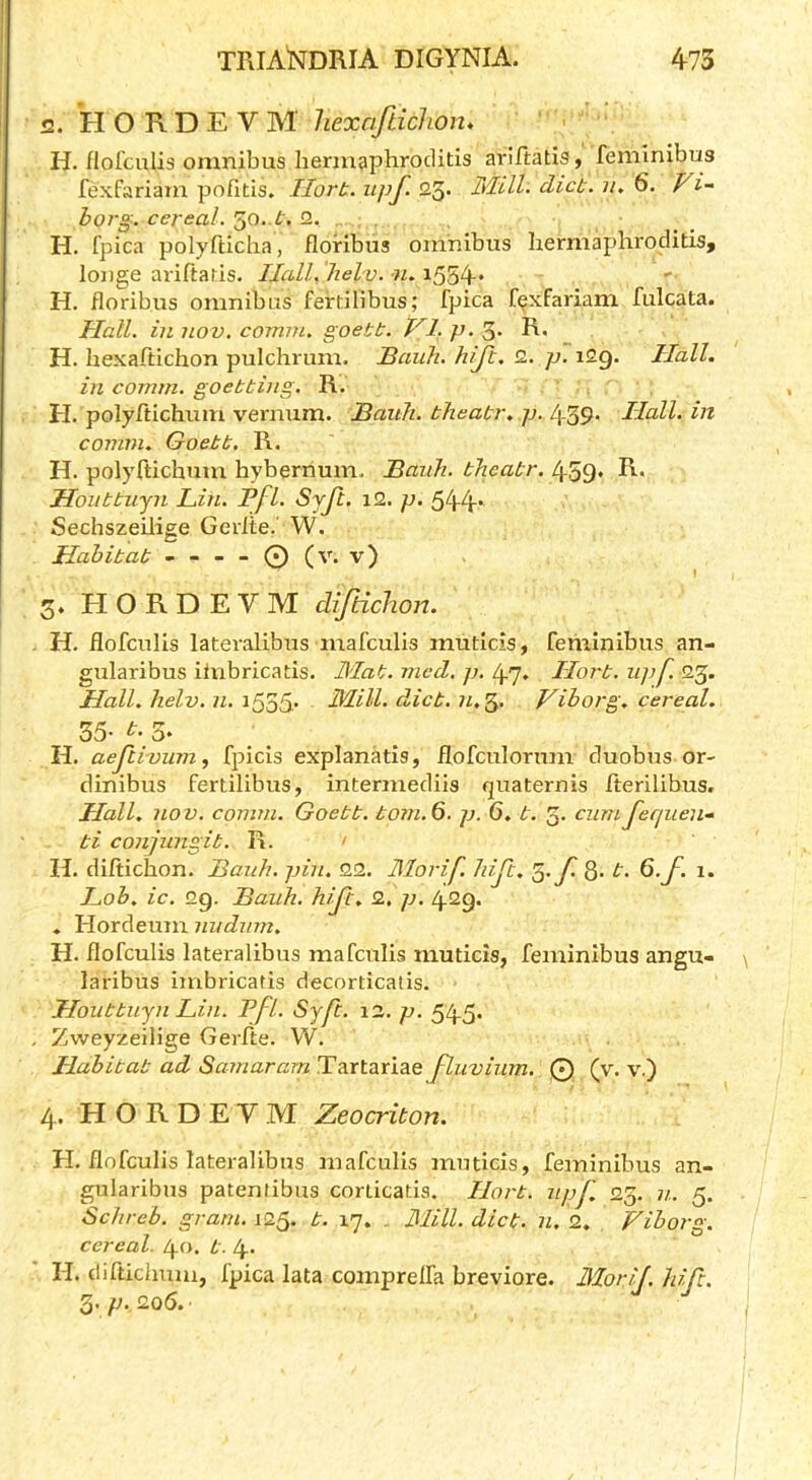 s. H O R D E V M hexaftichon* H. flofculis omnibus hermgphroditis ariftatis, feminibus fexfariam pofitis. TIorb. iipf‘ 23* BlM- diet, v, 6. pi- borg. cereal. <2. , H. fpica polyfticha, floribus omnibus berrnaphroditis, longe ariftads- Hall, lielv. lu i554* H. floribus omnibas ferdlibus; fpica fexfariam fulcata. Hall, in nov. comm, goebb. HI. p. 3* R« H. bexafdchon pulchrum. Sauh. hiji. 2. p. i2g. Hall, in comm, goebbiiig. R. H. polyftichum verniim. Bauli. bheabr. p. 439* Hall, in comm. Goebb. R. H. polyfdchum hybernum. Baiih. bheabr. 459* Hoiibbuyn Lin. Pfl. Syji. i2. p. 544* Sechszeilige Gerlte.' W. Hahibab - - - - Q (v. v) 3« HORDEVM diftichoit. H. flofculis lateralibus mafeulis muticis, feminibus an- gularibus ilnbricatis. Blab. mcd. p. 47. Horb. upf. 23. Hall. helv. n. i555’ Blill. dicb. n.^,. Viborg. cereal. 35- 5- H, aejlivum, fpicis explanatis, flofculorum duobus or- dinibus ferdlibus, intermediis quaternis fterilibus. Hall. nov. comm. Goebb. bom.Q. p. 6. b. 5- cumJecpien- bi conjiingib. R. ' II. diltichon. Bauh. pin. 22. Blorif. Idjt. 8* t- i- Lob. ic. 29. Bauh. hift. 2. p. 429. . Hordeum nudum. H. flofculis lateralibus mafeulis muticis, feminibus angu- laribus imbricatis decorticalis. Houbbuyn Lin. Pfl. Syfc. 12. p. 545. Zweyzeilige Gerffe. W. Habibab ad Samaram Tartariae fluviurn. Q (v. v.) 4. HORDEVM Zeocriton. H, flofculis lateralibus mafeulis muticis, feminibus an- gularibus patenlibus corticads. Horb. ujjf. 23. n. 5. Schreb. gram. 125. b. 17. , Blill. dicb. n. 2« Viborg. cereal. 40. b. 4. H. difticlium, fpica lata comprelfa breviore. Blorif. hift. 3.7;. 206. •