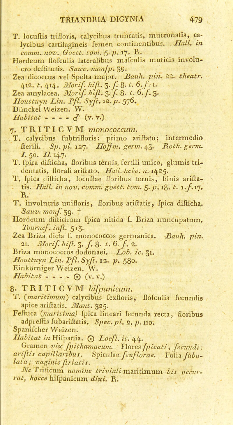 T. locuftis triflorls, calycibus truhcatis, mucronalis, ca- lycibus cartilagineis femen continendbus. Hall, in comm, nov. Goetb. bom. 5* p, Hordeum flofculis lateralibus mafculis mudcis involu- cro deftituds. Sauv. vionfp. 39* Zea dicoccus vel Spelta lu^jor. Hauh. pin. 22. bheatr. 412. b. 414. Morif. Jiifb. 8-1. 6.f. 1. Zea amylacea. Morif. lift. Sf 8- G. f. 3. Houbbuyn Lin. Pfl. Syjt, ii2. p. 57^» Diinckel Weizen. W. Habibab - - - - (v. v.) 7. T RI TI C V M monococcum. T. calycibus fubtrifloris: primo ariftato; intennedio Rerili. Sp. pi. HofFm. germ. 4^. Robh. germ. I. 50. II. 147. T. fp4;a difdcha, floribus ternis, fertili unico, glumis tri- dentatis, florali ariftato. Hall. helv. n. 1425. T. fpica difticha, locuftae floribus ternis, binis arifta- tis. Hall, in not), comm, goetb. bom. 5. p, i8* t. i.f.\n, R. T. involucris uniflorls, floribus ariftatis, fpica difticha. Sauv. monf 39. f Hordfcum diltichum fpica nitida f. Briza nuncupatum, Tournef. inft. 513. Zea Briza dicta f. monococcos gernianica, Bauh. pin. 21. 3Iorif. lift. 3. f, 8- t. 6. f. 2. Briza monococcos dodonaei. Lob. ic. 31. ' Houbbuyn Lin. Pfl. Syft. 12. p, 580. Einkorniger Weizen. W. Habitat - - - - 0 (v. v.) 8* TRITICVM hifpanicwn. T. {maritimum') calycibus fexfloris, flofculis fecundis apice ariftatis. Manb. 325. Feftuca (maribima) fpica lineari fecunda recta, floribus adpreflis fubariftatis. Spec, pi, 2. p. no. Spanifcher Weizen. Ilahibab in Hifpania. 0 Loefl. it. 44. Gramen fpibhamaeum. Ylotes fpicabi, fecnndi: ar ftis capillaribus. Spiculae fexflorae. Folia fiibii- laba; vaginisfriatis. > A7i? Triticum nomine triviali bis occurs rut, hocce hifpanicum dixi. R.