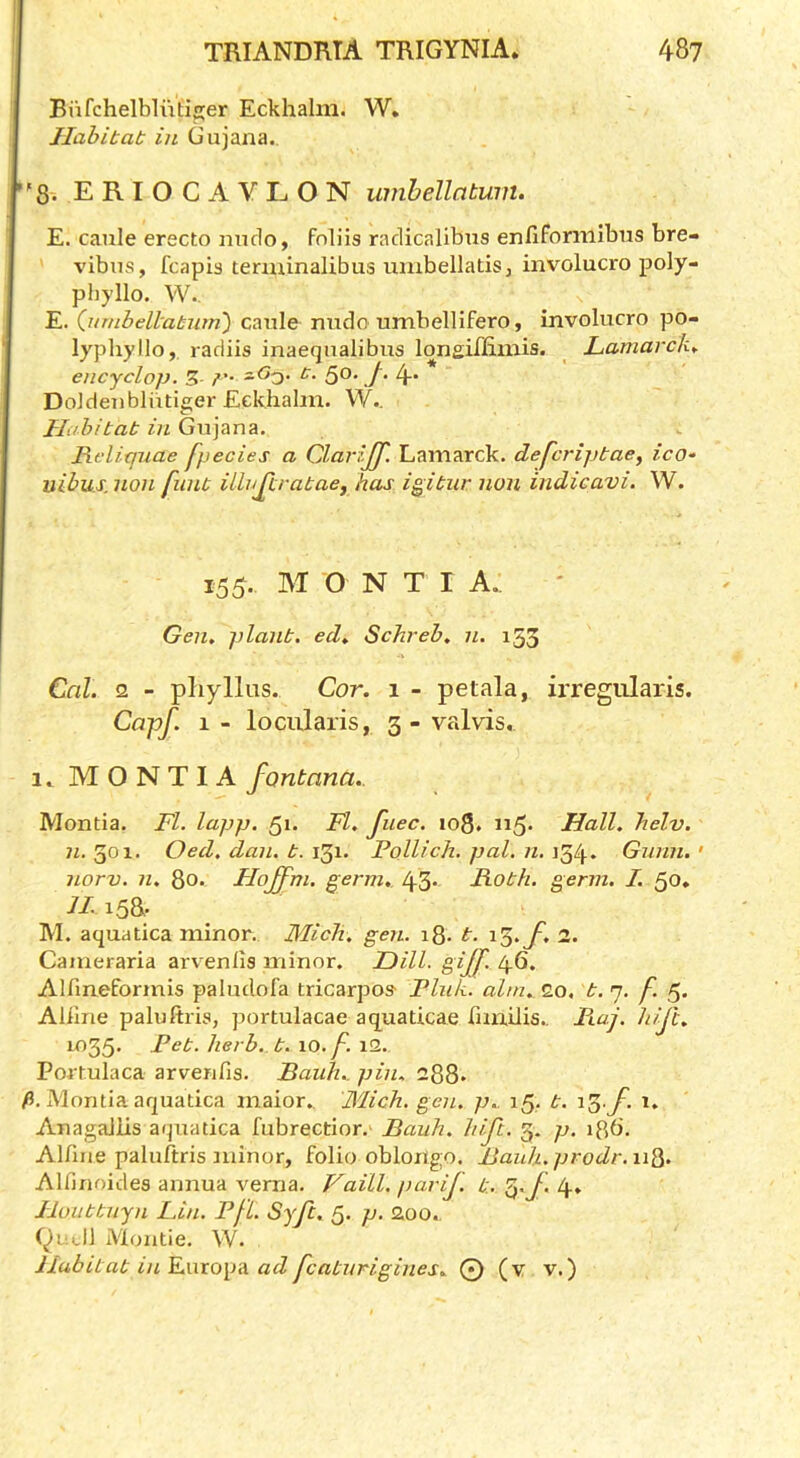 Biifchelbluti^er Eckhalm. W. Habitat in Gujana. '8-' E R I O C A Y Ij O N umhellatum. E. caule erecto undo, fnliis raclicalibus enfifonnlbiis bre- vibus, fcapia tenuinalibus umbellatiSj involucre poly- phyllo. W., E. {.umbell'atum') carile nudo umbellifero, involucro po- lypliyllo, radiis inaequalibus longiffimis. ^ Lamarck* encyclop. S 5^' J• 4* Doldenbliitiger Eekhahn. VV., Tli/bitat in Gujana. Rflicjuae fpecies a ClarijJ. Lamarck, deferiptae^ ico* uibus.non funt illnjlrataej has i^itur non indicavi. W. 155. M O N T I A. Gen, plant, ed, Schreb, n. 153 Cal. 2 - phylliis. Cor. 1 - petala, irregularis. Capf. 1 - lociilaris, 3 - valvis, 1.^ MONTIA fontana,. Montia. Fl. lapp. 51- Fl. fuec. 108. n5* Hall. helv. 7^.301. Oed. dan. t. V^\. Follich. pal. n. Gunn.' norv. 11. 80. Hoffm. germ, 43* Roth. germ. I. 50. n. 15a. M. aquatica minor. Mich. gen. i8- t. 15.y'. 2. Cameraria arvenlis minor. Dill, gijf- 46. Alfineformis paludofa tricarpos- Pink, aim, 20. t. 7. f. 5. Aliine paluftris, portulacae aquaticae fmxilis., PLaj. hiji. 1035. Pet. herb. t. \0. f. \2. Poitulaca arverifis. Baiih, pin. 288* xMontia aquadca maior.. Mich. gen. p, 15. t. ~io f- AnagaJlis aquatica fubrectior. Bauh. hiJl. 3. p. igb. Alfiiie paluftris 3iiinor, folio oblongo. Bauh. prodr. u^. Alfinoides annua verna. Vaill. parij. t. ^.J. 4. Jlouttuyn Lin. Pfl. Syfc, 5. p. Zoo, Qujl iVloiitie. W. Habitat in Europa ad fcaturigines, O (v V.)