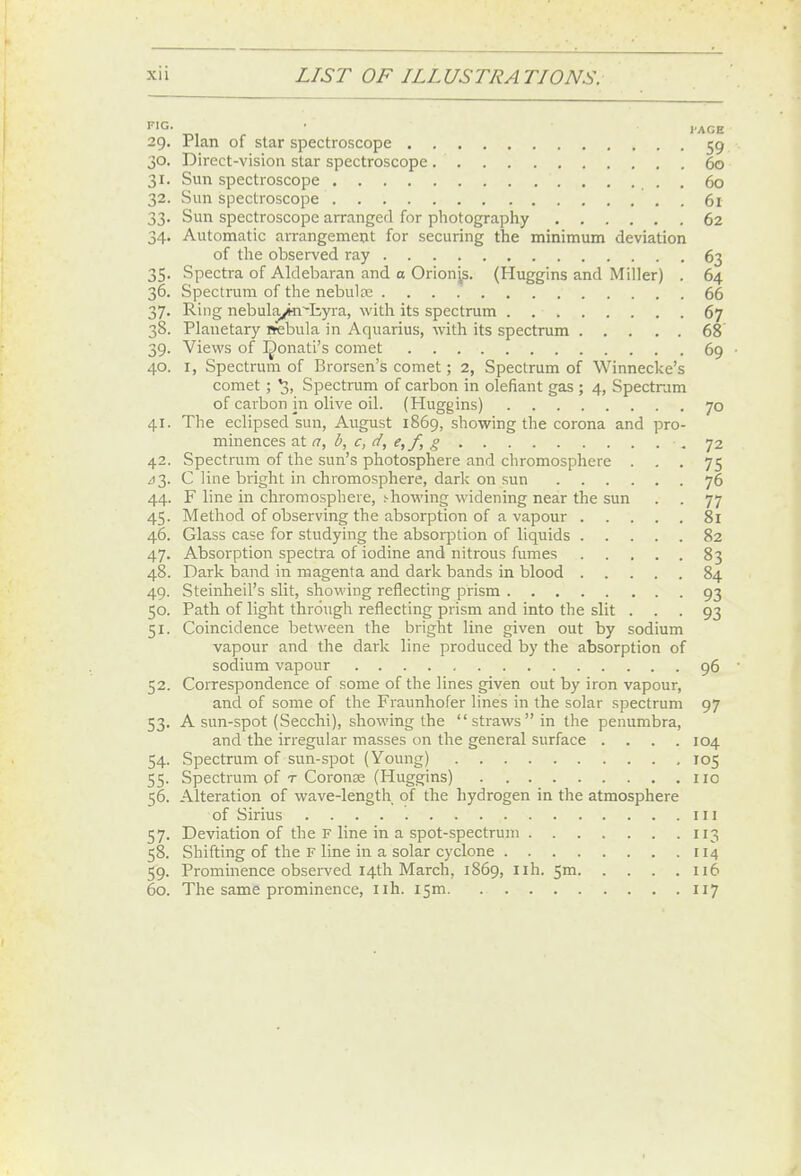 FIG- ^, . ■ I'AGE 29. Plan of star spectroscope 59 30. Direct-vision star spectroscope 60 31. Sun spectroscope 60 32. Sun spectroscope 61 33« Sun spectroscope arranged for photography 62 34. Automatic arrangement for securing the minimum deviation of the observed ray 63 35. Spectra of Aldebaran and a Orion's. (Huggins and Miller) . 64 36. Spectrum of the nebula; 66 37. Ring nebula/n^tyra, with its spectrum 67 38. Planetary nebula in Aquarius, with its spectrum 68 39. Views of I^onati's comet 69 • 40. I, Spectrum of Brorsen's comet; 2, Spectrum of Winnecke's comet ; % Spectrum of carbon in olefiant gas ; 4, Spectrum of carbon in olive oil. (Huggins) 70 41. The eclipsed sun, August 1869, showing the corona and pro- minences ^X. a, b, c, d, e,f, g , 72 42. Spectrum of the sun's photosphere and chromosphere • - . 75 /»3. C line bright in chromosphere, dark on sun 76 44. F line in chromosphere, hhowing widening near the sun . . 77 45. Method of observing the absorption of a vapour 81 46. Glass case for studying the absoqDtion of liquids 82 47. Absorption spectra of iodine and nitrous fumes 83 48. Dark band in magenta and dark bands in blood 84 49. Steinheil's slit, showing reflecting prism 93 50. Path of light through reflecting prism and into the slit ... 93 51. Coincidence between the bright line given out by sodium vapour and the dark line produced by the absorption of sodium vapour 96 ' 52. Correspondence of some of the lines given out by iron vapour, and of some of the Fraunhofer lines in the solar spectrum 97 53. A sun-spot (Secchi), showing the straws in the penumbra, and the irregular masses on the general surface . . . .104 54. Spectrum of sun-spot (Young) 105 55. Spectrum of t Corona; (Huggins) no 56. Alteration of wave-length of the hydrogen in the atmosphere of Sirius ill 57. Deviation of the F line in a spot-spectrum 113 58. Shifting of the F line in a solar cyclone 114 59. Prominence observed 14th March, 1869, iih. 5m 116 60. The same prominence, iih. 15m 117