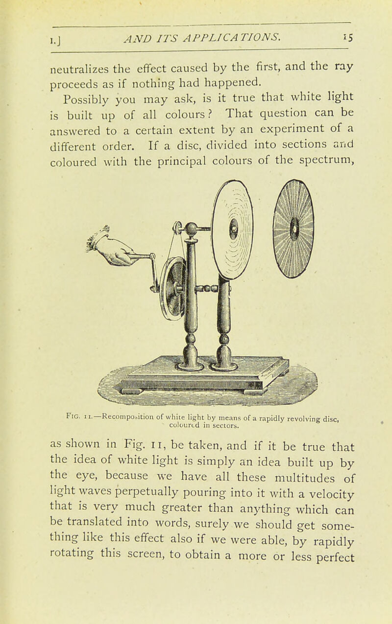 neutralizes the effect caused by the first, and the ray proceeds as if nothing had happened. Possibly you may ask, is it true that white light is built up of all colours? That question can be answered to a certain extent by an experiment of a different order. If a disc, divided into sections and coloured with the principal colours of the spectrum, Fig. II.—Recomposition of while light by mean.s of a rapidly revolving disc, coloured in sectors. as shown in Fig. ii, be taken, and if it be true that the idea of white light is simply an idea built up by the eye, because we have all these multitudes of light waves perpetually pouring into it with a velocity that is very much greater than anything which can be translated into words, surely we should get some- thing like this effect also if we were able, by rapidly rotating this screen, to obtain a more or less perfect