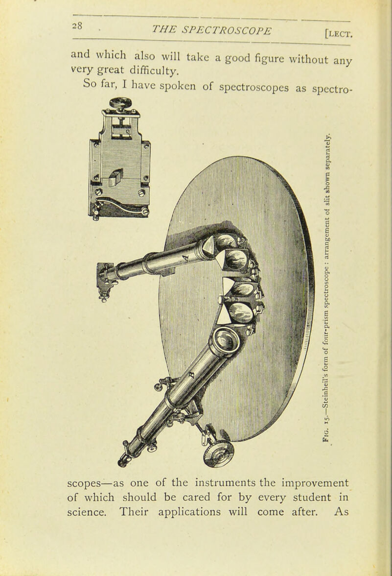 and which also will take a good figure without any very great difficulty. So far, I have spoken of spectroscopes as spectro- scopes—as one of the instruments the improvement of which should be cared for by every student in science. Their applications will come after. As