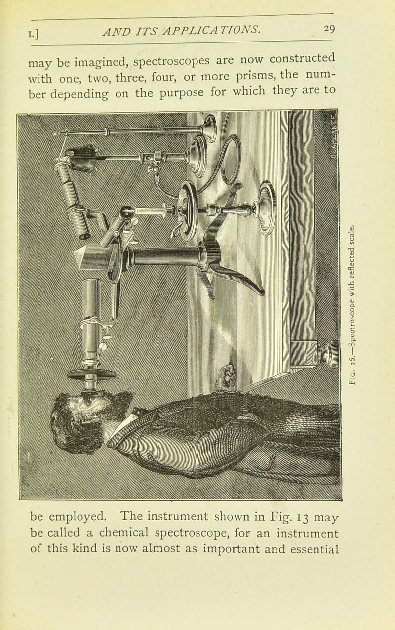 may be imagined, spectroscopes are now constructed with one, two, three, four, or more prisms, the num- ber depending on the purpose for which they are to be employed. The instrument shown in Fig. 13 may be called a chemical spectroscope, for an instrument of this kind is now almost as important and essential