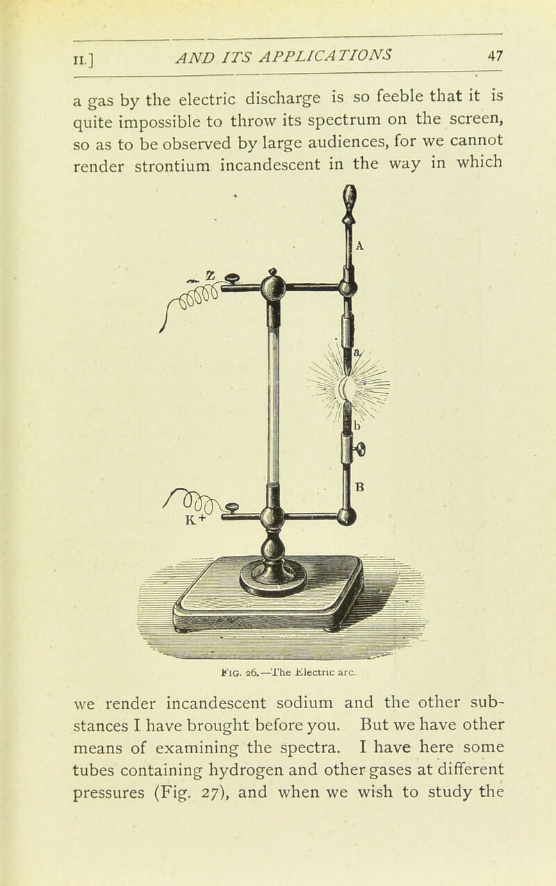 a gas by the electric discharge is so feeble that it is quite impossible to throw its spectrum on the screen, so as to be observed by large audiences, for we cannot render strontium incandescent in the way in which t'iG. 26.—The Jilectric arc. we render incandescent sodium and the other sub- stances I have brought before you. But we have other means of examining the spectra. I have here some tubes containing hydrogen and other gases at different pressures (Fig. 27), and when we wish to study the