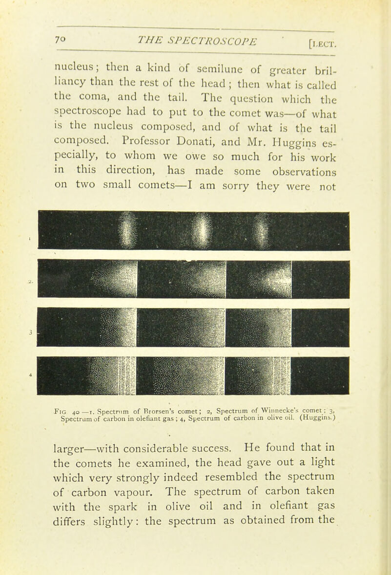 nucleus; then a kind of semilune of greater bril- liancy than the rest of the head ; then what is called the coma, and the tail. The question which the spectroscope had to put to the comet was—of what is the nucleus composed, and of what is the tail composed. Professor Donati, and Mr. Muggins es- pecially, to whom we owe so much for his work in this direction, has made some observations on two small comets—I am sorry they were not F7G 40—I. Spectrum of Rrorsen's comet; 2, Spectrum of Wiimecke's comet ; 3, Spectrum of carbon in defiant gas ; 4, Spectrum of carbon in olive oil (Huggins.) larger—with considerable success. He found that in the comets he examined, the head gave out a light which very strongly indeed resembled the spectrum of carbon vapour. The spectrum of carbon taken with the spark in olive oil and in olefiant gas differs slightly: the spectrum as obtained from the