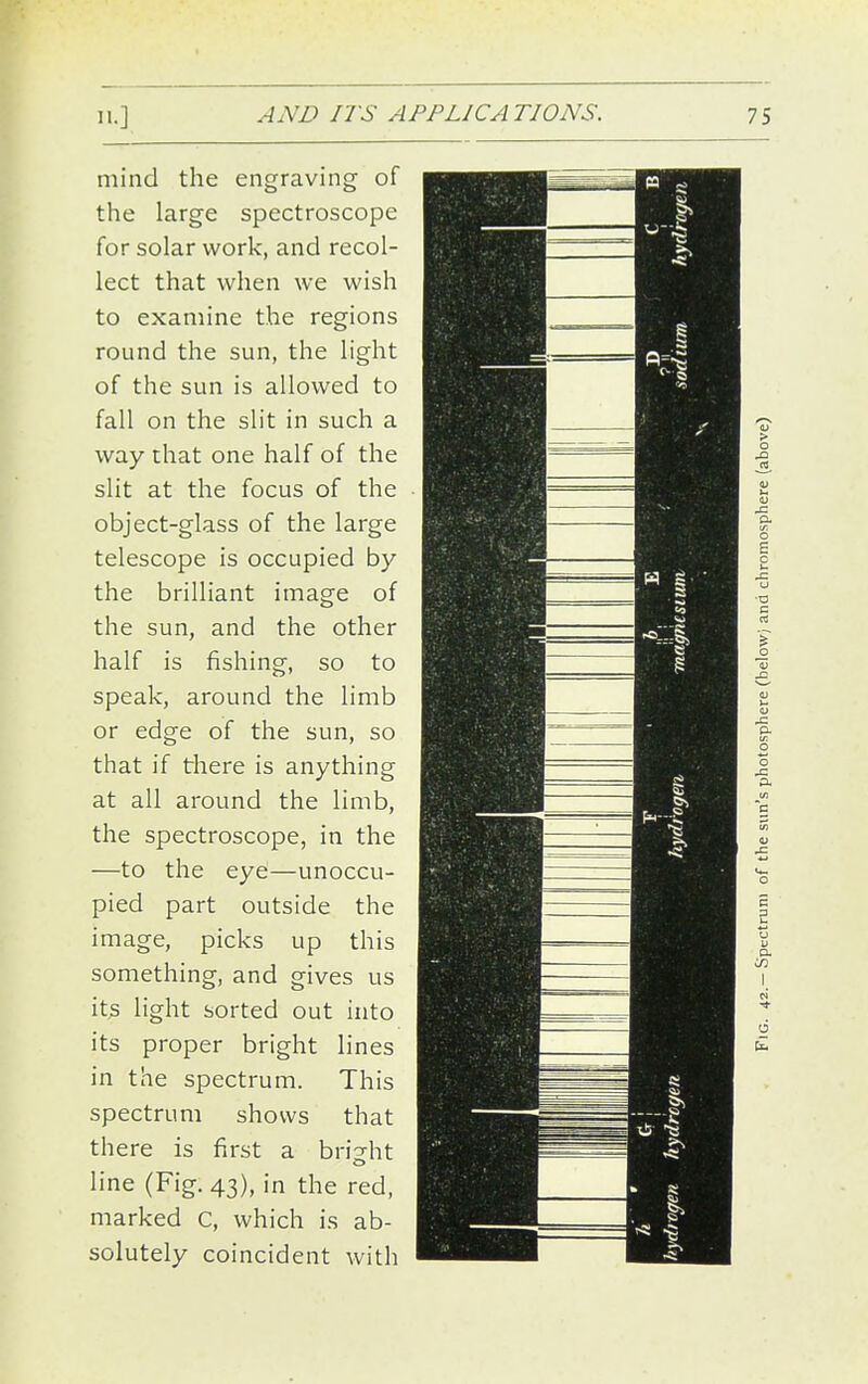 mind the engraving of the large spectroscope for solar work, and recol- lect that when we wish to examine the regions round the sun, the light of the sun is allowed to fall on the slit in such a way that one half of the slit at the focus of the object-glass of the large telescope is occupied by the brilliant image of the sun, and the other half is fishing, so to speak, around the limb or edge of the sun, so that if there is anything at all around the limb, the spectroscope, in the —to the eye—unoccu- pied part outside the image, picks up this something, and gives us it^ light sorted out into its proper bright lines in the spectrum. This spectrum shows that there is first a brisfht line (Fig. 43), in the red, marked C, which is ab- solutely coincident with