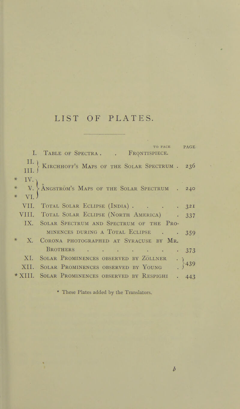 LIST OF PLATES. TO FACE PAGE I, Table of Spectra . , Frontispiece. Kirchhoff's Maps of the Solar Spectrum . 236 * V. V Angstrom's Maps of the Solar Spectrum . 240 * VI.) VII. Total Solar Eclipse (India) . . . .321 VIII. Total Solar Eclipse (North America) . 337 IX. Solar Spectrum and Spectrum of the Pro- minences during a Total Eclipse . , 359 * X. Corona photographed at Syracuse by Mr. Brothers 373 XI. Solar Prominences observed by Zollner . ) I 439 XII. Solar Prominences observed by Young . ) *XIII. Solar Prominences observed by Respighi . 443 * These Plates added by the Translators. b