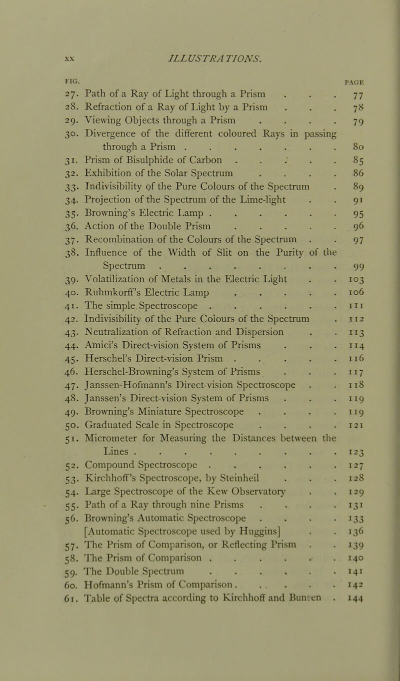 I'XG. PAGE 27. Path of a Ray of Light through a Prism . . -77 28. Refraction of a Ray of Light by a Prism ... 78 29. Viewing Objects through a Prism . . . -79 30. Divergence of the different coloured Rays in passing through a Prism ....... 80 31. Prism of Bisulphide of Carbon . . ; . . 85 32. Exhibition of the Solar Spectrum .... 86 33. Indivisibility of the Pure Colours of the Spectrum . 89 34. Projection of the Spectrum of the Lime-light . . 91 35. Browning's Electric Lamp . . . . . -95 36. Action of the Double Prism ..... 96 37. Recombination of the Colours of the Spectrum . . 97 38. Influence of the Width of SUt on the Purity of the Spectrum ........ 99 39. Volatilization of Metals in the Electric Light . -103 40. Ruhmlcorff's Electric Lamp . . . . .106 41. The simple Spectroscope . . . . . .111 42. Indivisibility of the Pure Colours of the Spectrum . 112 43. Neutralization of Refraction and Dispersion . -113 44. Amici's Direct-vision System of Prisms . . .114 45. Herschel's Direct-vision Prism . . . . .116 46. Herschel-Browning's System of Prisms . . -117 47. Janssen-Hofmann's Direct-vision Spectroscope . .118 48. Janssen's Direct-vision System of Prisms . . .119 49. Browning's Miniature Spectroscope . . . .119 50. Graduated Scale in Spectroscope . . . .121 51. Micrometer for Measuring the Distances between the Lines . . . . . . . . .123 52. Compound Spectroscope . . . . . .127 53. Kirchhoff's Spectroscope, by Steinheil . . .128 54. Large Spectroscope of the Kew Observatory . . 129 55. Path of a Ray through nine Prisms . . . -131 56. Browning's Automatic Spectroscope . . . -133 [Automatic Spectroscope used by Huggins] . -136 57. The Prism of Comparison, or Reflecting Prism . -139 58. The Prism of Comparison . . . . . .140 59. The Double Spectrum 141 60. Hofmann's Prism of Comparison . .... 142 61. Table of Spectra according to KirchhofT and Bunsen . 144