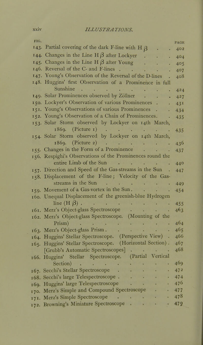 143. Partial covering of the dark F-line with H j3 . . 402 144. Changes in the Line H/3 after Lockyer . . . 404 145. Changes in the Line H j3 after Young . . . 405 146. Reversal of the C- and F-lines ..... 407 147. Young's Observation of the Reversal of the D-lines . 408 148. Huggins' first Observation of a Prominence in full Sunshine 424 149. Solar Prominences observed by ZoUner . . .427 150. Lockyer's Observation of various Prominences . -431 151. Young's Observations of various Prominences . . 434 152. Young's Observation of a Chain of Prominences. . 435 153. Solar Storm observed by Lockyer on 14th March, 1869. (Picture i) . . . . . . 435 154. Solar Storm observed by Lockyer on 14th March, 1869. (Picture 2) ..... . 436 155. Changes in the Form of a Prominence . . . 437 156. Respighi's Observations of the Prominences round the entire Limb of the Sun ..... 440 157. Direction and Speed of the Gas-streams in the Sun . 447 158. Displacement of the F-line; Velocity of the Gas- streams in the Sun ...... 449 159. Movement of a Gas-vortex in the Sun. . . .454 160. Unequal Displacement of the greenish-blue Hydrogen line (HP) 455 161. Merz's Object-glass Spectroscope .... 463 162. Merz's Object-glass Spectroscope. (Mounting of the Prism) 464 163. Merz's Object-glass Prism 465 164. Huggins'Stellar Spectroscope. (Perspective View) . 466 165. Huggins' Stellar Spectroscope. (Horizontal Section) . 467 [Grubb's Automatic Spectroscopes] .... 468 166. Huggins' Stellar Spectroscope. (Partial Vertical Section) 469 167. Secchi's Stellar Spectroscope 47^ 168. Secchi's large Telespectroscope 474 169. Huggins' large Telespectroscope .... 47^ 170. Merz's Simple and Compound Spectroscope . -477 171. Merz's Simple Spectroscope 478 172. Browning's Miniature Spectroscope .... 479