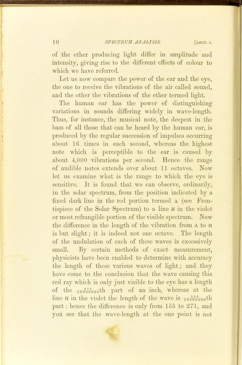 of the ether producing light differ in amplitude and intensity, giving rise to the different effects of colour to which we have referred. Let us now compare the power of the ear and the eye, the one to receive the vibrations of the air called sound, and the other the vibrations of the ether termed light. The human ear has the power of distinguishing variations in sounds differing widely in wave-length. Thus, for instance, the musical note, the deepest in the bass of all those that can be heard by the human ear, is produced by the regular succession of impulses occurring about 16 times in each second, whereas the highest note which is perceptible to the ear is caused by about 4,000 vibrations per second. Hence the range of audible notes extends over about 11 octaves. Now let us examine what is the range to which the eye is sensitive. It is found that we can observe, ordinarily, in the solar spectrum, from the position indicated by a fixed dark line in the red portion termed a (see Fron- tispiece of the Solar Spectrum) to a line h in the violet or most refrangible portion of the visible spectrum. Now the difference in the length of the vibration from A to h is but slight; it is indeed not one octave. The length of the undulation of each of these waves is excessively small. By certain methods of exact measurement, physicists have been enabled to determine with accuracy the length of these various waves of light; and they have come to the conclusion that the wave causing this red ray which is only just visible to the eye has a length of the rowoVovth part of an inch, whereas at the line H in the violet the length of the wave is TornAnrooth part; hence the difference is only from 155 to 271, and you see that the wave-length at the one point is not