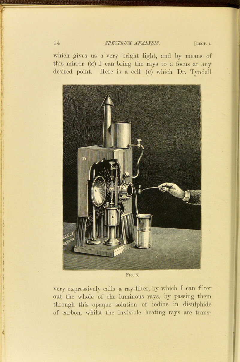 which gives us a very bright light, and by means of this mirror (m) I can bring the rays to a focus at any desired point. Here is a cell (c) which Dr. Tyndall Fig. 6. very expressively calls a ray-filter, by which I can filter out the whole of the luminous rays, by passing them through this opaque solution of iodine in disulphide of carbon, whilst the invisible heating rays are trans-