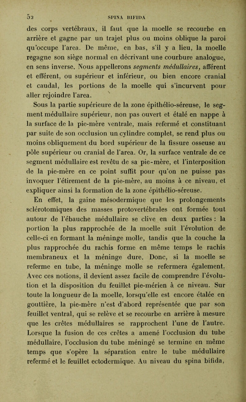 des corps vertébraux, il faut que la moelle se recourbe en arrière et gagne par un trajet plus ou moins oblique Ja paroi qu’occupe l’area. De même, en bas, s’il y a lieu, la moelle regagne son siège normal en décrivant une courbure analogue, en sens inverse. Nous appellerons segments médullaires, afférent et efférent, ou supérieur et inférieur, ou bien encore cranial et caudal, les portions de la moelle qui s’incurvent pour aller rejoindre l’area. Sous la partie supérieure de la zone épithélio-séreuse, le seg- ment médullaire supérieur, non pas ouvert et étalé en nappe à la surface de la pie-mère ventrale, mais refermé et constituant par suite de son occlusion un cylindre complet, se rend plus ou moins obliquement du bord supérieur de la fissure osseuse au pôle supérieur ou cranial de l’area. Or, la surface ventrale de ce segment médullaire est revêtu de sa pie-mère, et l’interposition de la pie-mère en ce point suffit pour qu’on ne puisse pas invoquer l’étirement de la pie-mère, au moins à ce niveau, et expliquer ainsi la formation de la zone épithélio-séreuse. En effet, la gaine mésodermique que les prolongements sclérotomiques des masses protovertébrales ont formée tout autour de l’ébauche médullaire se clive en deux parties : la portion la plus rapprochée de la moelle suit l’évolution de celle-ci en formant la méninge molle, tandis que la couche la plus rapprochée du rachis forme en même temps le rachis membraneux et la méninge dure. Donc, si la moelle se referme en tube, la méninge molle se refermera également. Avec ces notions, il devient assez facile de comprendre l’évolu- tion et la disposition du feuillet pie-mérien à ce niveau. Sur toute la longueur de la moelle, lorsqu’elle est encore étalée en gouttière, la pie-mère n’est d’abord représentée que par son feuillet ventral, qui se relève et se recourbe en arrière à mesure que les crêtes médullaires se rapprochent l’une de l’autre. Lorsque la fusion de ces crêtes a amené l’occlusion du tube médullaire, l’occlusion du tube méningé se termine en même temps que s’opère la séparation entre le tube médullaire refermé et le feuillet ectodermique. Au niveau du spina bifida,