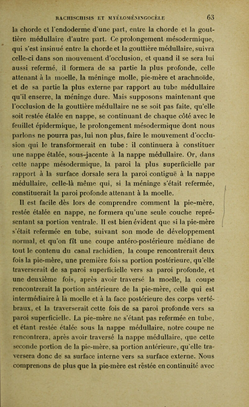 la chorcle et l’endoderme d’une part, entre la chorde et la gout- tière médullaire d’autre part. Ce prolongement mésodermique, qui s’est insinué entre la chorde et la gouttière médullaire, suivra celle-ci dans son mouvement d’occlusion, et quand il se sera lui aussi refermé, il formera de sa partie la plus profonde, celle attenant à la moelle, la méninge molle, pie-mère et arachnoïde, et de sa partie la plus externe par rapport au tube médullaire qu’il enserre, la méninge dure. Mais supposons maintenant que l’occlusion de la gouttière médullaire ne se soit pas faite, qu’elle soit restée étalée en nappe, se continuant de chaque côté avec le feuillet épidermique, le prolongement mésodermique dont nous parlons ne pourra pas, lui non plus, faire le mouvement d’occlu- sion qui le transformerait en tube : il continuera à constituer une nappe étalée, sous-jacente à la nappe médullaire. Or, dans cette nappe mésodermique, la paroi la plus superficielle par rapport à la surface dorsale sera la paroi contiguë à la nappe médullaire, celle-là même qui, si la méninge s’était refermée, constituerait la paroi profonde attenant à la moelle. Il est facile dès lors de comprendre comment la pie-mère, restée étalée en nappe, ne formera qu’une seule couche repré- sentant sa portion ventrale. Il est bien évident que si la pie-mère s’était refermée en tube, suivant son mode de développement normal, et qu’on fit une coupe antéro-postérieure médiane de tout le contenu du canal rachidien, la coupe rencontrerait deux fois la pie-mère, une première fois sa portion postérieure, qu’elle traverserait de sa paroi superficielle vers sa paroi profonde, et une deuxième fois, après avoir traversé la moelle, la coupe rencontrerait la portion antérieure de la pie-mère, celle qui est intermédiaire à la moelle et à la face postérieure des corps verté- braux, et la traverserait cette fois de sa paroi profonde vers sa paroi superficielle. La pie-mère ne s’étant pas refermée en tube, et étant restée étalée sous la nappe médullaire, notre coupe ne rencontrera, après avoir traversé la nappe médullaire, que cette seconde portion de la pie-mère, sa portion antérieure, qu elle tra- versera donc de sa surface interne vers sa surface externe. Nous comprenons de plus que la pie-mère est restée en continuité avec