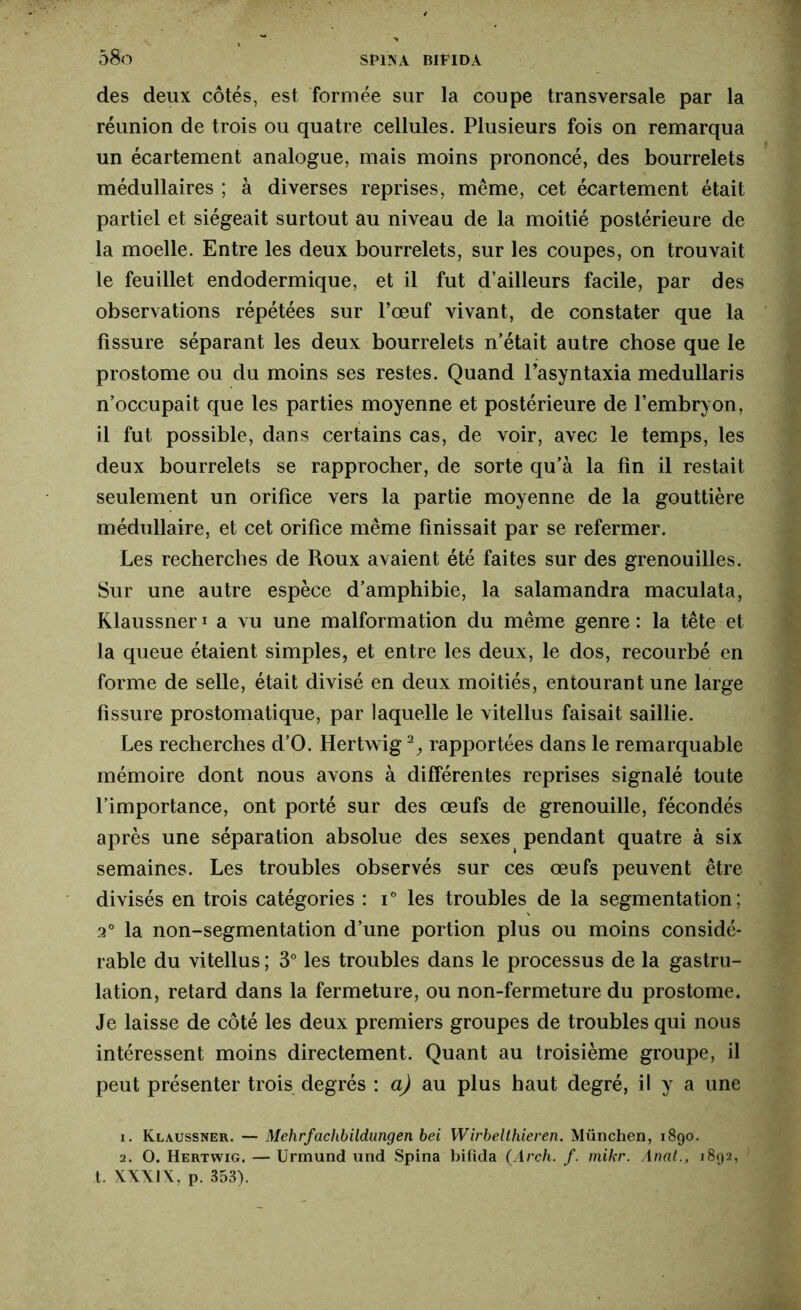 des deux côtés, est formée sur la coupe transversale par la réunion de trois ou quatre cellules. Plusieurs fois on remarqua un écartement analogue, mais moins prononcé, des bourrelets médullaires ; à diverses reprises, même, cet écartement était partiel et siégeait surtout au niveau de la moitié postérieure de la moelle. Entre les deux bourrelets, sur les coupes, on trouvait le feuillet endodermique, et il fut d’ailleurs facile, par des observations répétées sur l’œuf vivant, de constater que la fissure séparant les deux bourrelets n’était autre chose que le prostome ou du moins ses restes. Quand l’asyntaxia medullaris n’occupait que les parties moyenne et postérieure de l’embryon, il fut possible, dans certains cas, de voir, avec le temps, les deux bourrelets se rapprocher, de sorte qu’à la fin il restait seulement un orifice vers la partie moyenne de la gouttière médullaire, et cet orifice même finissait par se refermer. Les recherches de Roux avaient été faites sur des grenouilles. Sur une autre espèce d’amphibie, la salamandra maculata, Klaussner1 2 a vu une malformation du même genre : la tête et la queue étaient simples, et entre les deux, le dos, recourbé en forme de selle, était divisé en deux moitiés, entourant une large fissure prostomatique, par laquelle le vitellus faisait saillie. Les recherches d’O. Hertwig % rapportées dans le remarquable mémoire dont nous avons à différentes reprises signalé toute l’importance, ont porté sur des œufs de grenouille, fécondés après une séparation absolue des sexes pendant quatre à six semaines. Les troubles observés sur ces œufs peuvent être divisés en trois catégories : i° les troubles de la segmentation; 2° la non-segmentation d’une portion plus ou moins considé- rable du vitellus ; 3° les troubles dans le processus de la gastru- lation, retard dans la fermeture, ou non-fermeture du prostome. Je laisse de côté les deux premiers groupes de troubles qui nous intéressent moins directement. Quant au troisième groupe, il peut présenter trois degrés : a) au plus haut degré, il y a une 1. Klaussner. — Mehrfachbildungen bei Wirbelthieren. München, 1890. 2. O. Hertwig. — Urmund und Spina bifida (Arch. f. mikr. Anat., 1892, t. XXXJX, p. 353).