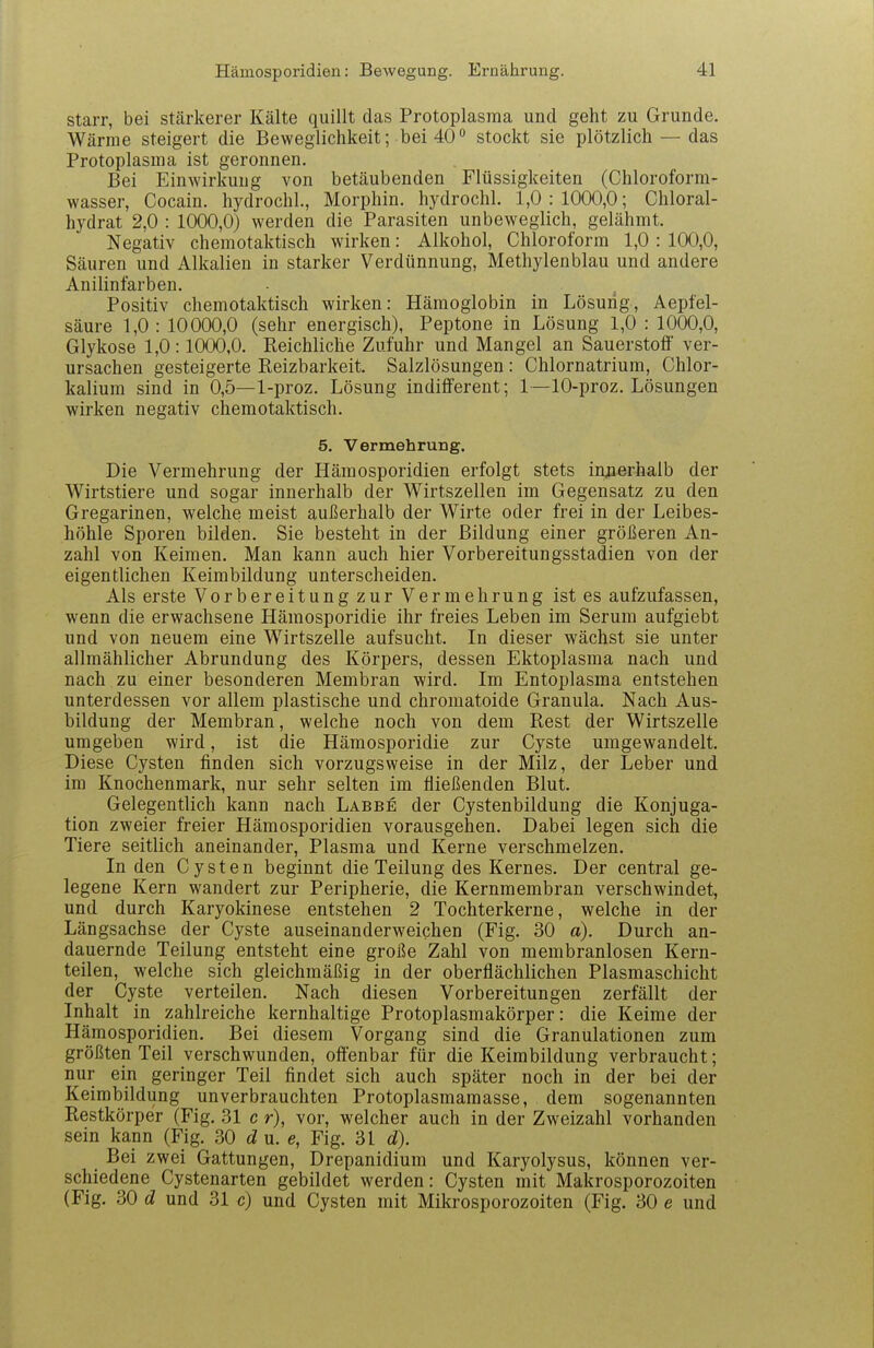 Starr, bei stärkerer Kälte quillt das Protoplasma und geht zu Grunde. Wärme steigert die Beweglichkeit; bei 40stockt sie plötzlich — das Protoplasma ist geronnen. Bei Einwirkung von betäubenden Flüssigkeiten (Chloroform- wasser, Cocain, hydrochl., Morphin, hydrochl. 1,0:1000,0; Chloral- hydrat 2,0 : 1000,0) werden die Parasiten unbeweglich, gelähmt. Negativ chemotaktisch wirken: Alkohol, Chloroform 1,0 : 100,0, Säuren und Alkalien in starker Verdünnung, Methylenblau und andere Anilinfarben. Positiv chemotaktisch wirken: Hämoglobin in Lösung, Aepfel- säure 1,0 : 10000,0 (sehr energisch), Peptone in Lösung 1,0 : 1000,0, Glykose 1,0:1000,0. Reichliche Zufuhr und Mangel an Sauerstoff ver- ursachen gesteigerte Reizbarkeit. Salzlösungen : Chlornatrium, Chlor- kaliura sind in 0,5—1-proz. Lösung indifferent; 1—10-proz. Lösungen wirken negativ chemotaktisch. 5. Vermehrung. Die Vermehrung der Hämosporidien erfolgt stets injierhalb der Wirtstiere und sogar innerhalb der Wirtszellen im Gegensatz zu den Gregarinen, welche meist außerhalb der Wirte oder frei in der Leibes- höhle Sporen bilden. Sie besteht in der Bildung einer größeren An- zahl von Keimen. Man kann auch hier Vorbereitungsstadien von der eigentlichen Keimbildung unterscheiden. Als erste Vorbereitung zur Vermehrung ist es aufzufassen, wenn die erwachsene Hämosporidie ihr freies Leben im Serum aufgiebt und von neuem eine Wirtszelle aufsucht. In dieser wächst sie unter allmählicher Abrundung des Körpers, dessen Ektoplasma nach und nach zu einer besonderen Membran wird. Im Entoplasma entstehen unterdessen vor allem plastische und chromatoide Granula. Nach Aus- bildung der Membran, welche noch von dem Rest der Wirtszelle umgeben wird, ist die Hämosporidie zur Cyste umgewandelt. Diese Cysten finden sich vorzugsweise in der Milz, der Leber und im Knochenmark, nur sehr selten im fließenden Blut. Gelegentlich kann nach Labbe der Cystenbildung die Konjuga- tion zweier freier Hämosporidien vorausgehen. Dabei legen sich die Tiere seitlich aneinander, Plasma und Kerne verschmelzen. In den Cysten beginnt die Teilung des Kernes. Der central ge- legene Kern wandert zur Peripherie, die Kernmembran verschwindet, und durch Karyokinese entstehen 2 Tochterkerne, welche in der Längsachse der Cyste auseinanderweichen (Fig. 30 d). Durch an- dauernde Teilung entsteht eine große Zahl von membranlosen Kern- teilen, welche sich gleichmäßig in der oberflächlichen Plasmaschicht der Cyste verteilen. Nach diesen Vorbereitungen zerfällt der Inhalt in zahlreiche kernhaltige Protoplasmakörper: die Keime der Hämosporidien. Bei diesem Vorgang sind die Granulationen zum größten Teil verschwunden, offenbar für die Keimbildung verbraucht; nur ein geringer Teil findet sich auch später noch in der bei der Keimbildung unverbrauchten Protoplasmamasse, dem sogenannten Restkörper (Fig. 31 c r), vor, welcher auch in der Zweizahl vorhanden sein kann (Fig. 30 d u. e, Fig. 31 d). Bei zwei Gattungen, Drepanidium und Karyolysus, können ver- schiedene Cystenarten gebildet werden: Cysten mit Makrosporozoiten (Fig. 30 d und 31 c) und Cysten mit Mikrosporozoiten (Fig. 30 e und