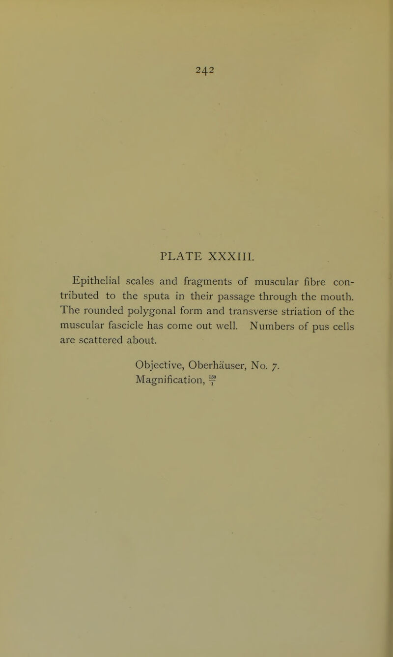 242 PLATE XXXIII. Epithelial scales and fragments of muscular fibre con- tributed to the sputa in their passage through the mouth. The rounded polygonal form and transverse striation of the muscular fascicle has come out well. Numbers of pus cells are scattered about. Objective, Oberhauser, No. 7.