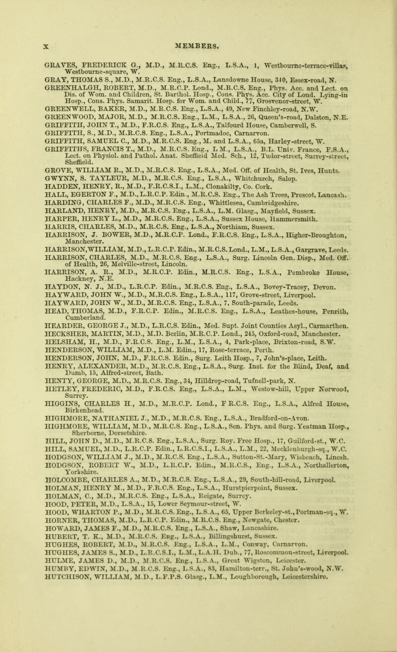 GRAVES, FREDERICK G., M.D., M.R.C.S. Eng., L.S.A., 1, Westboume-terrace-villas, Westboume-square, W. GRAY, THOMAS S., M.D., M.R.C.S. Eng., L.S.A., Lansdo\me House, 3^0, Essex-road, N. GREENHALGH, ROBERT, M.D., M.R.C.P. Lond., M.R.C.S. Eng., Phys. Acc. and Lect. on Dis. of Worn, and Children, St. Barthol. IIosp., Cons. Phys, Acc. City of Lond. Lying-in Hosp., Cons. Phys. Samarit. Hosp. for Worn, and Child., 77, Grosvenor-street, W. GREENWELL, BAKER, M.D., M.R.C.S. Eng., L.S.A., 49, New Finchley-road, N.W, GREENWOOD, MAJOR, M.D., M.R.C.S. Eng., L.M., L.S.A., 26, Queen's-road, Dalston, N.E. GRIFFITH, JOErN T., M.D., F.R.C.S. Eng., L.S.A., Talfourd House, Camberwell, S. GRIFFITH, S., M.D., M.R.C.S. Eng., L.S.A., Portmadoc, Carnarvon. GRIFFITH, SAMUEL C, M.D., M.R.C.S. Eng., M. and L.S.A., 65a, Harlev-street, W. GRIFFITHS, FRANCIS T., M.D., M.R.C.S. Eng., LM., L.S.A., B.L. Univ. France, F.S.A., Lect. on Physiol, and Pathol. Anat. Sheffield Med. Sch., 12, Tudor-street, Surrey-sireet, Sheffield. GROVE, WILLIAM R., M.D., M.R.C.S. Eng., L.S.A., Med. Off. of Health, St. Ives, Hunts. GWYNN, S. TAYLEUR, M.D., M.R.C.S. Eng., L.S.A., Whitchurch, Salop. HADDEN, HENRY, R., M.D., F.R.C.S.I., L.M., Clonakilty, Co. Cork. HALL, EGERTON F., M.D., L.R.C.P. Edin., M.R.C.S. Eng., The Ash Trees, Prescot, Lancash. HARDING, CHARLES F., M.D., M.R.C.S. Eng., Whittlesea, Cambridgeshire. HARLAND, HENRY, M.D., M.R.C.S. Eng., L.S.A., L.M. Glasg., Mayfield, Sussex. HARPER, HENRY L., M.D., M.R.C.S. Eng., L.S.A., Sussex House, Hammersmith. HARRIS, CHARLES, M.D., M.R.C.S. Eng., L.S.A., Northiam, Sussex. HARRISON, J. BOWER, M.D., M.R.C.P. Lond., F.R.C.S. Eng., L.S.A., Higher-Broughton, Manchester. HARRISON,WILLIAM, M.D., L.R.C.P. Edin., M.R.C.S.Lond., L.M., L.S.A., Gargrave, Leeds. HARRISON, CHARLES, M.D., M.R.C.S. Eng., L.S.A., Surg. Lincoln Gen. Disp., Med. Off. of Health, 26, Melville-street, Lincoln. HARRISON, A. R., M.D., M.R.C.P. Edin., M.R.C.S. Eng., L.S.A., Pembroke House, Hackney, N.E. HAYDON, N. J., M.D,, L.R.C.P. Edin., M.R.C.S. Eng., L.S.A., Bovey-Tracey, Devon. HAYWARD, JOHN W., M.D., M.R.C.S. Eng., L.S.A., 117, Grove-street, Liverpool. HAYWARD, JOHN W., M.D., M.R.C.S. Eng., L.S.A., 7, South-parade, Leeds. HEAD, TH0:MAS, M.D., F.R.C.P. Edin., M.R.C.S. Eng., L.S.A., Leathes-house, Penrith, Cumberland. HEARDER, GEORGE J., M.D., L.R.C.S. Edin., Med. Supt. Joint Coiinties Asyl., Carmarthen. HECKSHER, MARTIN, M.D., M.D. Berlin, M.R.C.P. Lond., 245, Oxford-road, Manchester. HELSHAM, H., M.D., F.R.C.S. Eng., L.M., L.S.A., 4, Park-place, Brixton-road, S.W. HENDERSON, WILLIAM, M.D., L.M. Edin., 17, Rose-terrace, Perth. HENDERSON, JOHN, M.D., F.R.C.S. Edin., Surg. LeithHosp., 7, John's-placc, Leith. HENRY, ALEXANDER, M.D., M.R.C.S. Eng., L.S.A., Surg. Inst, for the Blind, Deaf, and Dumb, 15, Alfred-street, Bath. HENTY, GEORGE, M.D., M.R.C.S. Eng., 34, Hilldrop-road, Tufnell-park, N. HETLEY, FREDERIC, M.D., F.R.C.S. Eng., L.S.A., L.M., Westow-hill, Upper Norwood, Surrey. HIGGINS, CHARLES H., M.D., M.R.C.P. Lond., F R.C.S. Eng., L.S.A., Alfred House, Birkenhead. HIGHMORE, NATHANIEL J., M.D., M.R.C.S. Eng., L.S.A., Bradford-on-Avon. HIGHMORE, WILLIAM, M.D., M.R.C.S. Eng., L.S.A., Sen. Phys. and Surg. Yeatman Hosp., Sherborne, Dorsetshire. HILL, JOHN D., M.D., M.R.C.S. Eng., L.S.A., Surg. Roy. Free Hosp., 17, Guilford-st., W.C. HILL, SAMUEL, M.D., L.R.C.P. Edin., L.R.C.S.I., L.S.A., L.M., 22, Mecklonburgh-sq., W.C. HODGSON, WILLIAM J., M.D., M.R.C.S. Eng., L.S.A., Sutton-St.-Mary, Wisbcach, Lincsh. HODGSON, ROBERT W., M.D., L.R.C.P. Edin., M.R.C.S., Eng., L.S.A., Northallerton, Yorkshire. HOLCOMBE, CHARLES A., M.D., M.R.C.S. Eng., L.S.A., 29, South-hill-road, Liverpool. HOLMAN, HENRY M., M.D., F.R.C.S. Eng., L.S.A., Hurstpierpoint, Sussex. HOLMAN, C, M.D., M.R.C.S. Eng., L.S.A., Rcigate, Surrey. HOOD, PETER, M.D., L.S.A., 15, Lower Seymour-street, W. HOOD, WHARTON P., M.D., M.R.C.S. Eng., L.S.A., 65, Upper Berkeley-.st.,Portman-sq., W. HORNER, THOMAS, M.D., L.R.C.P. Edin., M.R.C.S. Eng., Newgate, Chester. HOWARD, JAMES F., M.D., M.R.C.S. Eng., L.S.A., Shaw, Lancashire. HUBERT, T. K., M.D., M.R.C.S. Eng., L.S.A., Billingshurst, Sussex. HUGHES, ROBERT, M.D., M.R.C.S. Eng., L.S.A., L.M., Conway, Carnarvon. HUGHES, JAMES S., M.D., L.R.C.S.I., L.M., L.A.II. Dub., 77, Roscommon-strect, Liverpool. HULME, JAMES D., M.D., M.R.C.S. Eng., L.S.A., Great Wigston, Leicester. IIUMBY, EDWIN, M.D., M.R.C.S. Eng., L.S.A., 83, Ilamiltou-terr., St. John's-wood, N.W. HUTCHISON, WILLIAM, M.D., L.F.P.S. Glasg., L.M., Loughborough, Leicestershire.
