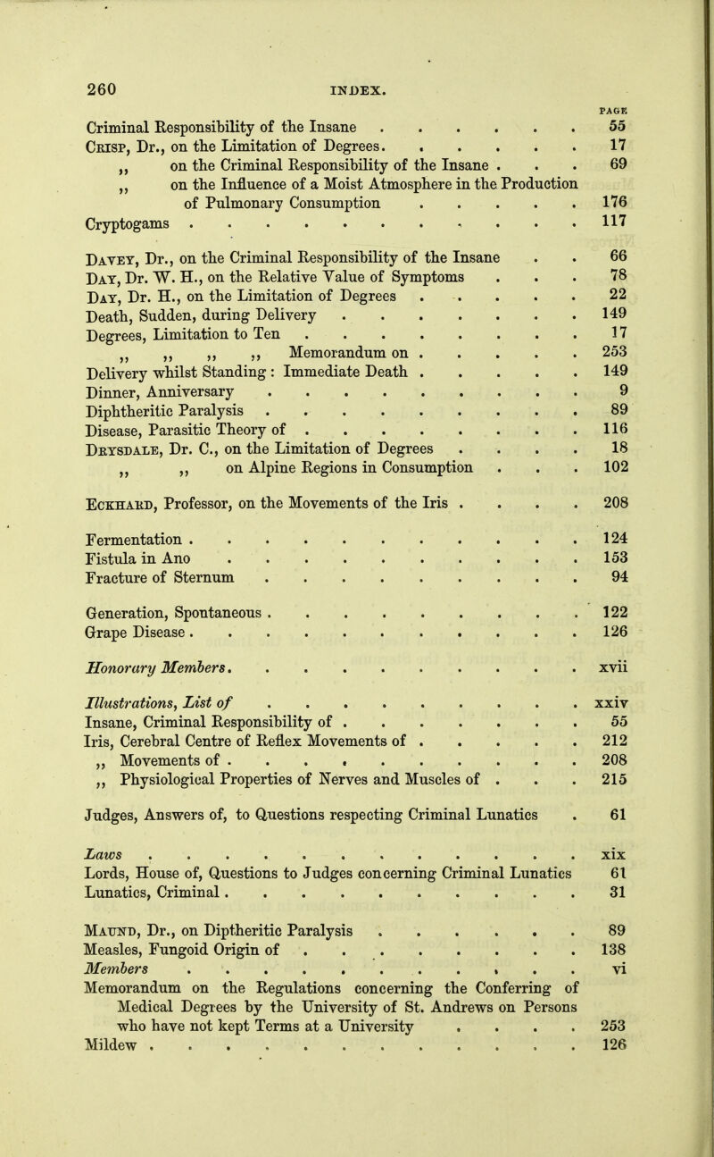 PAGE Criminal Responsibility of the Insane . . . . . . 55 Cbisp, Dr., on the Limitation of Degrees 17 on the Criminal Responsibility of the Insane ... 69 on the Influence of a Moist Atmosphere in the Production of Pulmonary Consumption . . . . .176 Cryptogams . . .117 Davey, Dr., on the Criminal Responsibility of the Insane . . 66 Day, Dr. W. H., on the Relative Yalue of Symptoms ... 78 Day, Dr. H., on the Limitation of Degrees 22 Death, Sudden, during Delivery 149 Degrees, Limitation to Ten 17 ,, ,, ,, Memorandum on 253 Delivery whilst Standing : Immediate Death 149 Dinner, Anniversary 9 Diphtheritic Paralysis . » 89 Disease, Parasitic Theory of . . . . . . . .116 Deysdale, Dr. C, on the Limitation of Degrees .... 18 ,, on Alpine Regions in Consumption . . . 102 EcKHAKD, Professor, on the Movements of the Iris .... 208 Fermentation 124 Fistula in Ano . 153 Fracture of Sternum 94 Generation, Spontaneous 122 Grape Disease 126 Honorary Members.......... xvii Illustrations, List o/ ........ . xxiv Insane, Criminal Responsibility of 55 Iris, Cerebral Centre of Reflex Movements of 212 ,, Movements of ... t 208 ,, Physiological Properties of Nerves and Muscles of . . . 215 Judges, Answers of, to Q,uestions respecting Criminal Lunatics . 61 Laws . . . . • • . xix Lords, House of, Questions to Judges concerning Criminal Lunatics 61 Lunatics, Criminal 31 Maufd, Dr., on Diptheritic Paralysis 89 Measles, Fungoid Origin of 138 Members . . . . . . . . . . . vi Memorandum on the Regulations concerning the Conferring of Medical Degrees by the University of St. Andrews on Persons who have not kept Terms at a University .... 253 Mildew 126