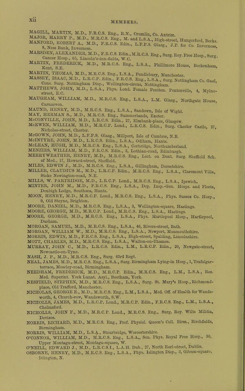 MAGILL, MARTIN, M.D., P.R.O.S. Eng., R.N., Crumlin, Co. Antrim MtiFORHJjERT fW'il nT'.^- ^^'^^'^^^^ Hungc:.ord, Berks. MARSDEN, ALEXANDER, M.D., F.R.C.S. Edin., M.R.C.S. Eng., Surg. Roy.Free Hosp., Surg Cancer Hosp., 65, Lincoln's-inn-flelds, W.C. »p.,ourg, ^^'''2fnt,?r'''''°''' Bcckeaham, MARTIN, THOMAS, M.D., M.R.C.S. Eng., L.S.A., Pendlebury, Manchester MASSEY, ISAAC, M D., L.R.C.P. Edin., F.R.C.S. Eng., L.S.A., Surg. Nottingham Co. Gaol, Cons. Surg. Nottingham Disp., Wellington-circus, Nottingham MATTHEWS, JOHN, M.D., L.S.A., Phys. Lond. Female Peniten. PentonviUe, 4 Mvlne- street, E.C. ' ■' MAUGHAM, WILLIAM, M.D., M.R.C.S. Eng., L.S.A., L.M. Glasg., Northgate House, Carnarvon. MAUND, HENRY, M.D., M.R.C.S. Eng., L.S.A., Sandown, Isle of Wight MAY, HERMAN S., M.D., M.R.C.S. Eng., Summerlands, Exeter. McCONVILLE, JOHN, M.D., L.R.C.S. Edin., 27, Ehnhank-place, Glasgow McEWEN, WILLIAM, M.D., M.R.C.P. Lond., L.R.C.S. Ediu., Surg. Chester Castle, 27 Nicholas-street, Chester. ' McGOWN, JOHN, M.D., L.F.P.S. Glasg., MiUport, Isle of Cumbree, N.B. McINTYRB, JOHN, M.D., L.R.C.S. Edin., L.S.A., Odiham, Hants. McLEAN, HUGH, M.D., M.R.C.S. Eng., L.S.A., Corbridge, Northumberland. MENZIES, WILLIAM, M.D., F.R.C.S. Edin., 3, Lothian-road, Edinburgh. MERRYWEATHER, HENRY, M.D., M.R.C.S. Eng., Lect. on Dent. Surg. Sheffield Sch. of Med., 17, Howard-street, Sheffield. MILES, EDWIN J., M.D., M.R.C.S. Eng., L.S.A., Gillingham, Dorsetshire. MILLER, CLAUDIUS M., M.D., L.R.C.P. Edin., M.R.C.S. Eng., L.S.A., Claremont Villa, Stoke Newington-road, N.E. MILLS, W. PARTRIDGE, M.D., L.R.C.P. Lond., M.R.C.S. Eng., L.S.A., Ipswich. MINTER, JOHN M., M.D., F.R.C.S. Eng., L.S.A., Dep. Insp.-Gen. Hosps. and Fleets, Denbigh Lodge, Southsea, Hants. MOON, HENRY, M.D., M.R.C.P. Lond., M.R.C.S. Eng., L.S.A., Phys. Sussex Co. Hosp., 9, Old Steyne, Brighton. MOORE, DANIEL, M.D., M.R.C.S. Eng., L.S.A., 3, Wellington-square, Hastings. MOORE, GEORGE, M.D., M.R.C.P. Lond., M.R.C.S. Eng., L.S.A., Hastings. MOORE, GEORGE, M.D., M.R.C.S. Eng., L.S.A., Phys. Hartlepool Hosp., Hartlepool, Durham. MORGAN, SAMUEL, M.D., M.R.C.S. Eng., L.S.A., 46, Rivers-street, Bath. MORGAN, WILLIAM W., M.D., M.R.C.S. Eng., L.S.A., Newport, Monmouthshire. MORRIS, EDWIN, M.D., F.R.C.S. Eng., L.S.A., High-street, Spalding, Lincolnshire. MOTT, CHARLES, M.D., M.R.C.S. Eng., L.S.A., Walton-on-Thames. MURRAY, JOHN C, M.D., L.R.C.S. Edin., L.M., L.R.C.P. Edin., 20, Newgate-street, Newcastle-on-Tyne. NASH, J. P., M.D., M.R.C.S. Eng., Surg. 63rd Regt. NEAL, JAMES, M.D., M.R.C.S. Eng., L.S.A., Surg. Birmingham Lying-in Hosp., 1, Trafalgar- terrace, Moseley-road, Birmingham. NEEDHAM, FREDERICK, M.D., M.R.C.P. Edin., M.R.C.S. Eng., L.M., L.S.A., Res, Med. Superint. York Lunat. Asyl., Bootham, York. NESFIELD, STEPHEN, M.D., M.R.C.S. Eng., L.S.A., Surg. St. Mary's Hosp., Richmond- place, Old Trafford, Manchester. NICHOLAS, GEORGE E., M.D., M.R.C.S. Eng., L.M., L.S.A., Med. Off. of Health for Wands- worth, 4, Church-row, Wandsworth, S.W. NTCHOLLS, JAMES, M.D., L.R.C.P. Lond., M.R.C.P. Edin., F.R.C.S. Eng., L.M., L.SJi.., Chelmsford. NICHOLLS, JOHN F., M.D., M.R.C.P. Lond., M.R.C.S. Eng., Surg. Roy. Wilts Militia, Devizes. NORRIS, RICHARD, M.D., M.R.C.S. Eng., Prof. Physiol. Queen's CoU. Birm., Birchfields, Birmingham. NORRIS, WILLIAM, M.D., L.S.A., Stourbridge, Worcestershire. O'CONNOR, WILLIAM, M.D., M.R.C.S. Eng., L.S.A., Sen. Phys. Royal Free Hosp., 30, Upper Montagu-street, Montagu-square, W. O'NEILL, EDWARD J., M.D., L.R.C.S.I., L.A.H. Dub., 27, North Earl-stroet, Dublin. OSBORNE, HENRY, M.D., M.R.C.S. Eng., L.S.A., Phys, Islington Disp., 3, Oibson-siiuare, Islington, N.