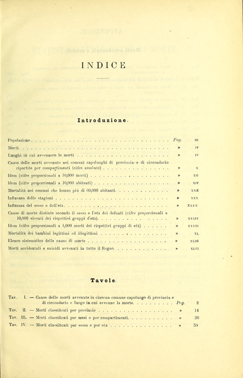 INDICE Introduzione- Popolazione Pag. IH Morti » IV Luoghi in cui avvennero le morti » iv Cause delle morti avvenute nei comuni capoluog-hi di provincia-e di circondario ripartite per compartimenti (cifre assolute) » x Idem (cifre proporzionali a 10,000 morti) » su Idem (cifre proporzionali a 10,000 abitanti) » xiv Mortalità nei comuni che hanno più di G0,000 abitanti » xxil Influenza delle stagioni » xxs Influenza del sesso e dell'età » Xxxh Cause di morte distinte secondo il sesso e l'età dei defunti (cifre proporzionali a 10,000 viventi dei rispettivi gruppi d'età) » xxxiv Idem (cifre proporzionali a 1,000 morti dei rispettivi gruppi di età) » xxxvi Mortalità dei bambini legittimi ed illegittimi » xl Elenco sistematico delle cause di morte » xml Morti accidentali e suicidi avvenuti in tutto il Regno » xlvi Tavole. Tav. I. — Cause delle morti avvenute in ciascun comune capoluogo di provincia e di circondario e luogo in cui avvenne la morte Pog- 2 Tav. II. — Morti classificati per provincie » 14 Tav. 111. — Morti classificati per mesi e per compartimenti » 26 Tav. IV. — Morti classificati per sesso e per età » 50