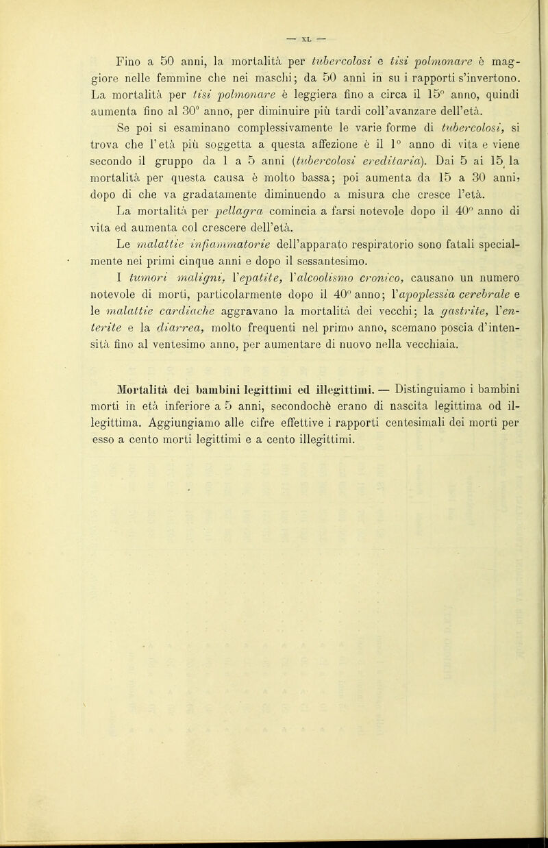Fino a 50 anni, la mortalità per tubercolosi e tisi 'polmonare è mag- giore nelle femmine che nei maschi; da 50 anni in su i rapporti s'invertono. La mortalità per tisi polmonare è leggiera fino a circa il 15 anno, quindi aumenta fino al 30 anno, per diminuire più tardi coU'avanzare dell'età. Se poi si esaminano complessivamente le varie forme di tubercolosi, si trova che l'età più soggetta a questa affezione è il 1° anno di vita e viene secondo il gruppo da 1 a 5 anni [tubercolosi ereditaria). Dai 5 ai 15 la mortalità per questa causa è molto bassa; poi aumenta da 15 a 30 anni? dopo di che va gradatamente diminuendo a misura che cresce l'età. La mortalità per pellagra comincia a farsi notevole dopo il 40 anno di vita ed aumenta col crescere dell'età. Le malattie infiammatorie dell'apparato respiratorio sono fatali special- mente nei primi cinque anni e dopo il sessantesimo. I tumori maligni. Vepatite, Yalcoolismo cronico, causano un numero notevole di morti, particolarmente dopo il 40 anno; Vapoplessia cerebrale e le malattie cardiache aggravano la mortalità dei vecchi; la gastrite, Yen- terite e la diarrea, molto frequenti nel primo anno, scemano poscia d'inten- sità fino al ventesimo anno, per aumentare di nuovo nella vecchiaia. Mortalità dei bambini legittimi ed illegittimi. — Distinguiamo i bambini morti in età inferiore a 5 anni, secondochè erano di nascita legittima od il- legittima. Aggiungiamo alle cifre effettive i rapporti centesimali dei morti per esso a cento morti legittimi e a cento illegittimi.
