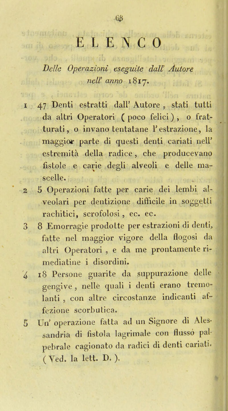 <i£ ELENCO Belle Operazioni eseguite dall’ Autore nell’ anno 1817. 1 47 Denti estratti dall’ Autore , stati tutti da altri Operatori ( poco felici) , o frat- turati, o invano tentatane Y estrazione, la maggior parte di quest! denti cariati nell’ estremita della radiee, che producevano fistole e carie degli alveoli e delle ma- scelle. 2 5 Operazioni fatte per carie dei lembi al- veolari per dentizione difficile in soggetti rachitici, scrofolosi, ec. ec. 3 8 Emorragie prodolte per estrazioni di denti, fatte nel maggior vigore della flogosi da altri Operatori , e da me prontamente ri- mediatine i disordini. 4 18 Persone guarite da suppurazione delle gengive , nelle quali i denti erano tremo- lanti , con altre circostanze indicanti al- fezione scorbutica. 5 Un’ operazione fatta ad un Signore di Ales- sandria di fistola lagrimale con flusso pal- pebrale cagionato da radici di denti cariati.