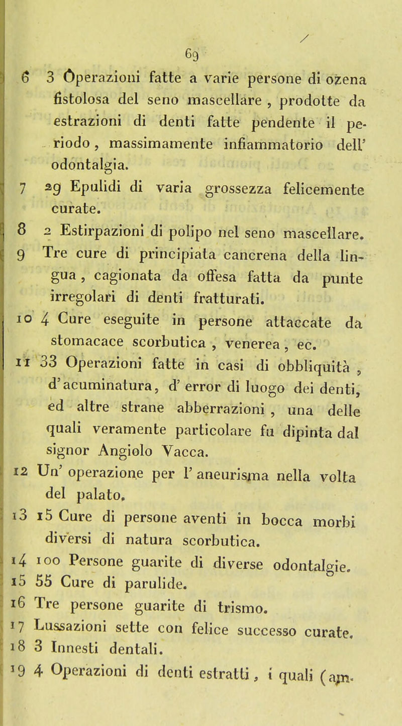 6 3 Operazioni fatte a varie persone di ozena fistolosa del seno mascellare , prodotte da estrazioni di denti fatte pendente il pe- riodo, massimamente infiammatorio dell’ odontalgia. 7 a9 Epalidi di varia grossezza felicemente curate. 8 2 Estirpazioni di polipo nel seno mascellare. 9 Tre cure di principiata cancrena della lin- gua , cagionata da olfesa fatta da punte irregolari di denti fratturati. 10 4 Cure eseguite in persone attaccate da stomacace scorbutica , venerea, ec. n 33 Operazioni fatte in casi di obbliquita , d’acuminatura, d’ error di Iuogo dei denti, ed altre strane abberrazioni , una delle quali veramente particolare fu dipinta dal signor Angiolo Vacca. 12 UnJ operazione per 1’ aneurisma nella volta del palato. 13 15 Cure di persone aventi in bocca morbi diversi di natura scorbutica. 14 ioo Persone guarite di diverse odontalgie. 15 55 Cure di parulide. 16 Tre persone guarite di trismo. 17 Eussazioni sette con felice successo curate. 18 3 Innesti dentali. ^9 4 Operazioni di denti estratti, i quali (ajn.