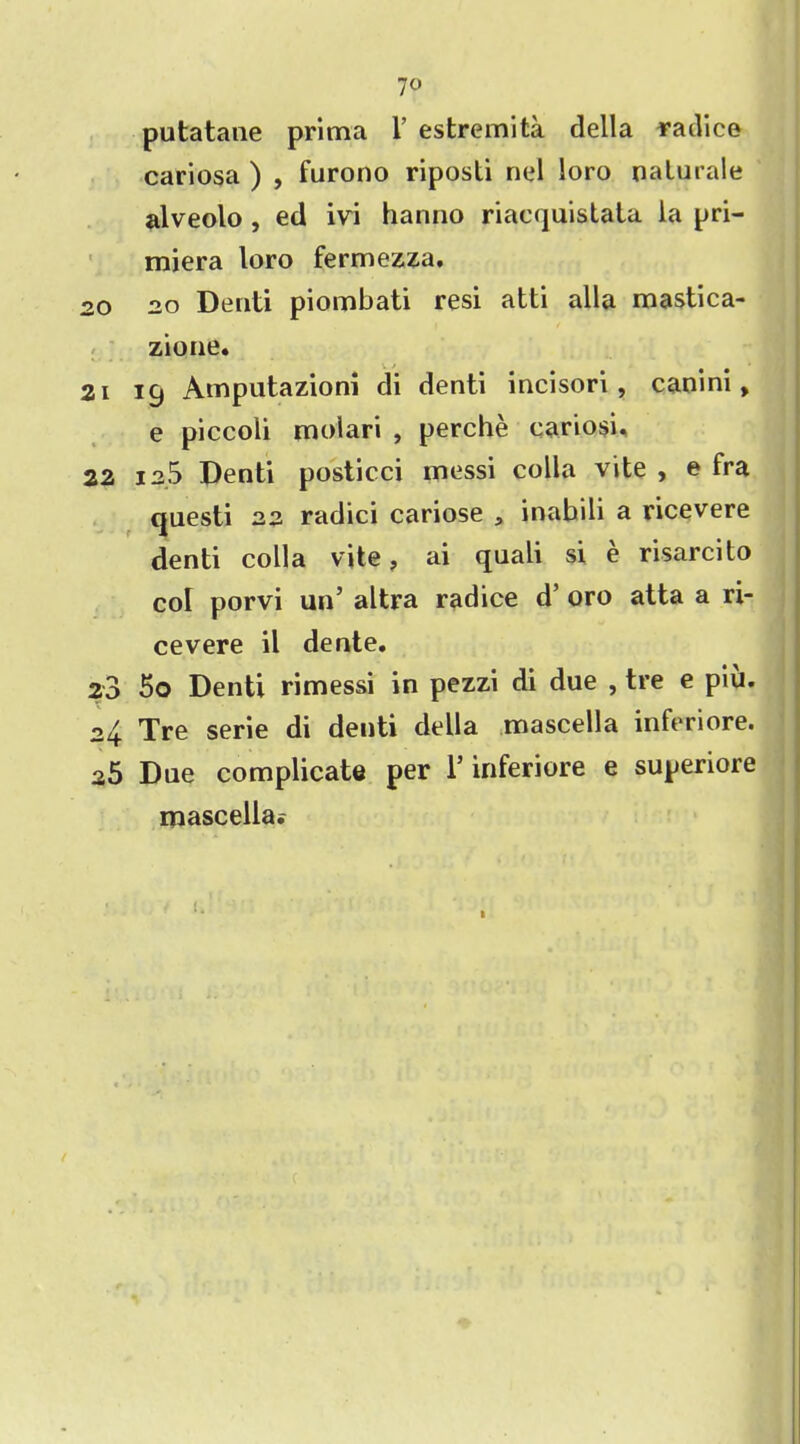 7° putatane prima 1’ estremita della radice cariosa ) , furono riposti nel loro nalurale alveolo , ed ivi hanno riacquistata la pri- miera loro fermezza, 20 2.0 Denti piombati resi atti alia mastica- zione. 21 19 Amputazioni di denti incisori , canini, e piccoli molari , perche cariosi, 22 12.5 Denti posticci messi colla vite , e fra questi 22 radici cariose , inahili a ricevere denti colla vite, ai qnali si e risarcito cot porvi un’ altra radice d’ oro atta a ri- cevere il dente. 23 5o Denti rimessi in pezzi di due , tre e piu. 24 Tre serie di denti della mascella inferiore. 25 Due complicate per T inferiore e superiore mascella? 1