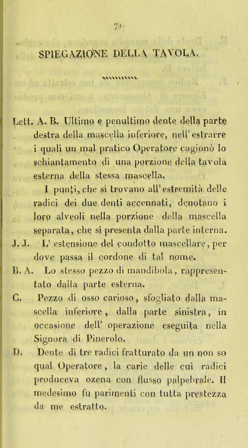 SPIEGAZIOINE I)KU.\ TANOEA. Lett. A. B. Ultimo e penultirno dente della parte destra della mascelia inferiore, nell’estrarre i quali un mal pratico Operator cagiono lo schiantamento di una porzione della tavola esterna della stessa mascelia. I punti,che si trovano all’estremita delle radici dei due denti accennati, denotano i loro alveoli nella porzione della mascelia separata, che si presenta dalla parte interna. J. J. L’ estensione del condotto mascellare, per dove passa il cordone di tal nome. B» A. Lo stesso pezzo di mandibola, rappresen- tato dalla parte esterna. C. Pezzo di osso carioso, sfogliato dalla ma- scelia inferiore, dalla parte sinistra, in occasione dell’ operazione eseguita nella Signora di Pinerolo. D. Dente di tre radici fratturato da un non so qual Operatore , la carie delle cui radici produceva ozena con flusso palpebpale. Il medesimo fu parirnenti con tutta prestezza da me estratto.