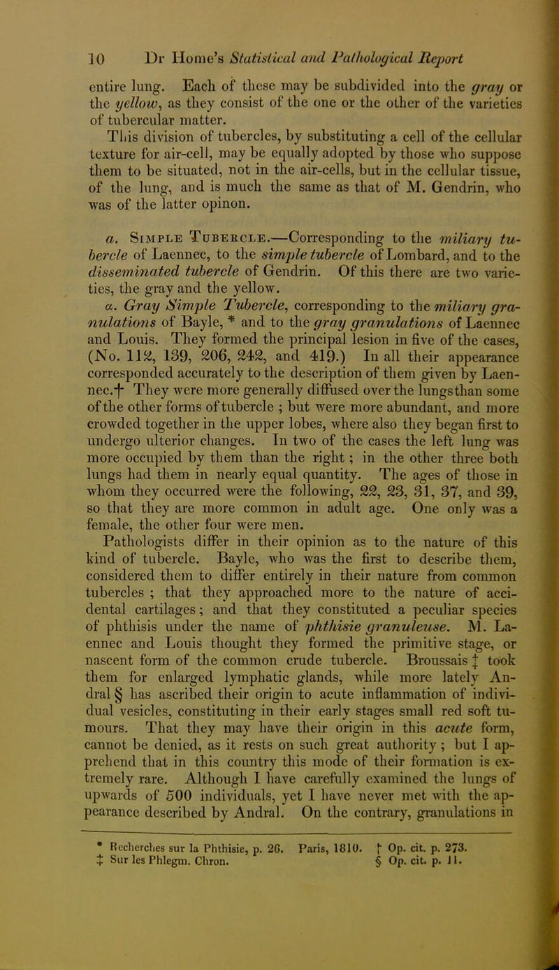 entire lung. Each of these may be subdivided into the gray or the yellow, as they consist of the one or the other of the varieties of tubercular matter. This division of tubercles, by substituting a cell of the cellular texture for air-cell, may be equally adopted by those who suppose them to be situated, not in the air-cells, but in the cellular tissue, of the lung, and is much the same as that of M. Gendrin, who was of the latter opinon. a. Simple Tubercle.—Corresponding to the miliary tu- bercle of Laennec, to the simple tubercle of Lombard, and to the disseminated tubercle of Gendrin. Of this there are two varie- ties, the gray and the yellow. a. Gray Simple Tubercle, corresponding to the miliary gra- nulations of Bayle, * and to the gray granulations of Laennec and Louis. They formed the principal lesion in five of the cases, (No. 112, 139, 206, 242, and 419.) In all their appearance corresponded accurately to the description of them given by Laen- nec.-f* They were more generally diffused over the lungsthan some of the other forms of tubercle ; but were more abundant, and more crowded together in the upper lobes, where also they began first to undergo ulterior changes. In two of the cases the left lung was more occupied by them than the right; in the other three both lungs had them in nearly equal quantity. The ages of those in whom they occurred were the following, 22, 23, 31, 37, and 39, so that they are more common in adult age. One only was a female, the other four were men. Pathologists differ in their opinion as to the nature of this hind of tubercle. Bayle, who was the first to describe them, considered them to differ entirely in their nature from common tubercles ; that they approached more to the nature of acci- dental cartilages; and that they constituted a peculiar species of phthisis under the name of phthisie granuleuse. M. La- ennec and Louis thought they formed the primitive stage, or nascent form of the common crude tubercle. Broussais j took them for enlarged lymphatic glands, while more lately An- dral § has ascribed their origin to acute inflammation of indivi- dual vesicles, constituting in their early stages small red soft tu- mours. That they may have their origin in this acute form, cannot be denied, as it rests on such great authority; but I ap- prehend that in this country this mode of their formation is ex- tremely rare. Although I have carefully examined the lungs of upwards of 500 individuals, yet I have never met with the ap- pearance described by Andral. On the contrary, granulations in  Rccherches sur la Phthisie, p. 2G. Paris, 1810. {■ Op. cit. p. 273. + Sur les Phlegm. Chron. § Op. cit. p. 11.