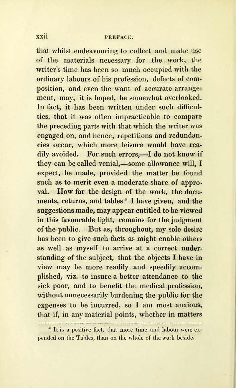 that whilst endeavouring to collect and make use of the materials necessary for the work, the writer’s time has been so much occupied with the ordinary labours of his profession, defects of com- position, and even the want of accurate arrange- ment, may, it is hoped, be somewhat overlooked. In fact, it has been written under such difficul- ties, that it was often impracticable to compare the preceding parts with that which the writer was engaged on, and hence, repetitions and redundan- cies occur, which more leisure would have rea- dily avoided. For such errors,—I do not know if they can be called venial,—some allowance will, I expect, be made, provided the matter be found such as to merit even a moderate share of appro- val. How far the design of the work, the docu- ments, returns, and tables * I have given, and the suggestions made, may appear entitled to be viewed in this favourable light, remains for the judgment of the public. But as, throughout, my sole desire has been to give such facts as might enable others as well as myself to arrive at a correct under- standing of the subject, that the objects I have in view may be more readily and speedily accom- plished, viz. to insure a better attendance to the sick poor, and to benefit the medical profession, without unnecessarily burdening the public for the expenses to be incurred, so I am most anxious, that if, in any material points, whether in matters * It is a positive fact, that more time and labour were ex- pended on the Tables, than on the whole of the work beside.