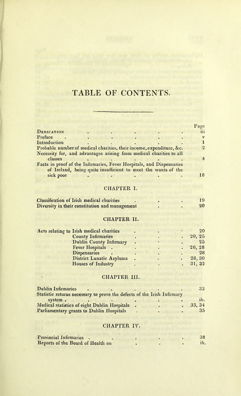 TABLE OF CONTENTS. rage Dedication , . . . . iii Preface v Introduction ..... 1 Probable number of medical cbaiities, their income, expenditure, &c. 2 Necessity for, and advantages arising from medical charities to all classes ..... 4 Facts in proof of the Infirmaries, Fever Hospitals, and Dispensaries of Ireland, being quite insufficient to meet the wants of the • sick poor . . . , .18 CHAPTER I. Classification of Irish medical charities . . .19 Diversity in their constitution and management . . 20 CHAPTER II. Acts relating to Irish medical charities . . *20 County Infirmaries . . . 20, 25 Dublin County Infirmary . • .25 Fever Hospitals .... 26, 28 Dispensaries . . . .28 District Lunatic Asylums . . . 28,30 Houses of Industry . . .31,32 CHAPTER III. Dublin Infirmaries . . . . .33 Statistic returns necessary to prove the defects of the Irish Infirmary system ...... ib. Medical statistics of eight Dublin Hospitals . . . 33, 34 Parliamentary grants to Dublin Hospitals . . .35 CHAPTER IV. Provincial Infirmaries . . . . .38 Reports of the Board of Health on . . • ib.