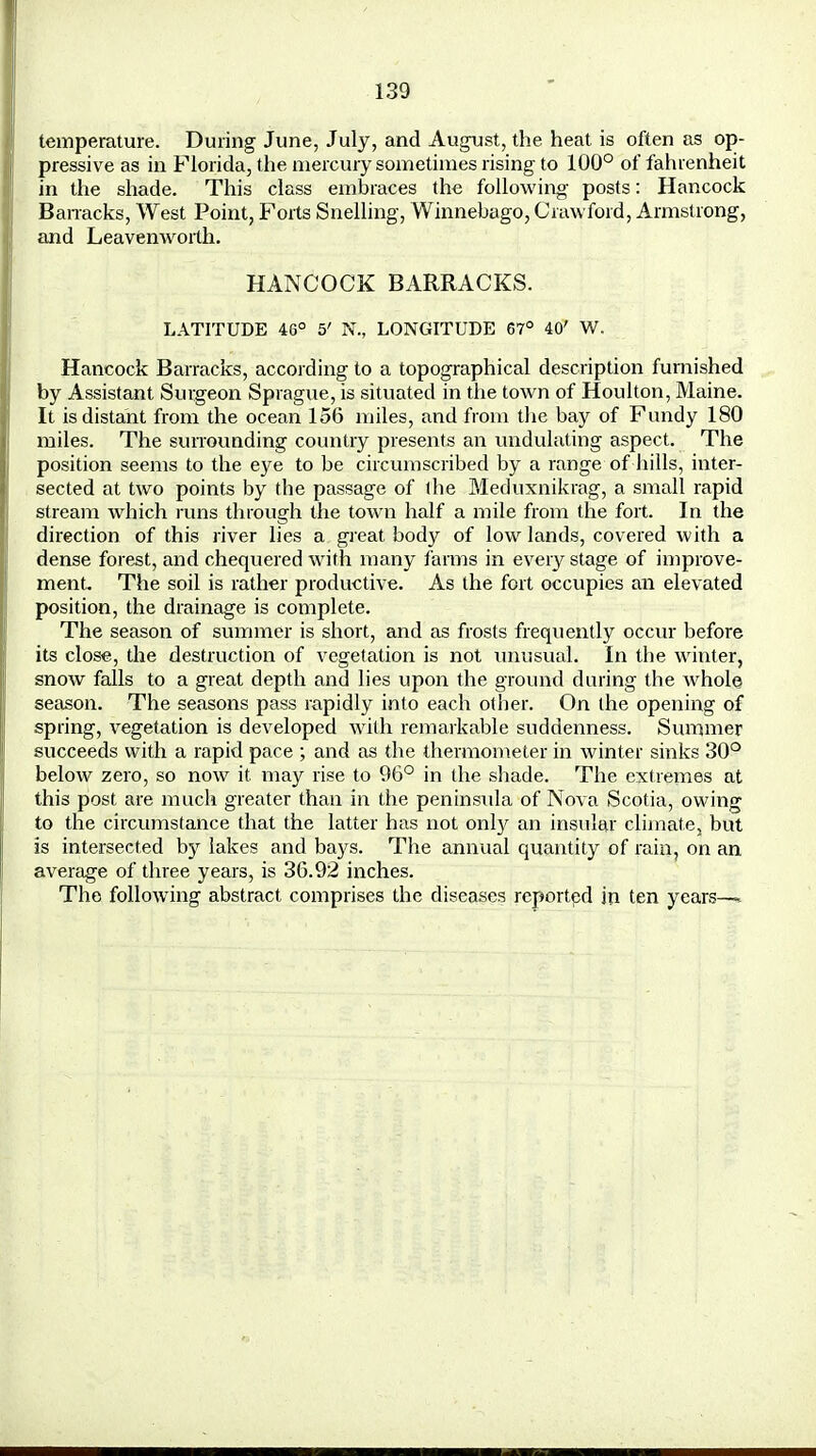 temperature. During June, July, and August, the heat is often as op- pressive as in Florida, the mercury sometimes rising to 100° of fahrenheit in the shade. This class embraces the following posts: Hancock Barracks, West Point, Forts Snelling, Winnebago, Crawford, Armstrong, and Leavenworth. HANCOCK BARRACKS. LATITUDE 46° 5' N., LONGITUDE 67° 40' W. Hancock Barracks, according to a topographical description furnished by Assistant Surgeon Sprague, is situated in the town of Houlton, Maine. It is distant from the ocean 156 miles, and from the bay of Fundy 180 miles. The surrounding country presents an undulating aspect. The position seems to the eye to be circumscribed by a range of hills, inter- sected at two points by the passage of the Meduxnikrag, a small rapid stream which runs through the town half a mile from the fort. In the direction of this river lies a great body of low lands, covered with a dense forest, and chequered with many farms in every stage of improve- ment. The soil is rather productive. As the fort occupies an elevated position, the drainage is complete. The season of summer is short, and as frosts frequently occur before its close, the destruction of vegetation is not unusual. In the winter, snow falls to a great depth and lies upon the ground during the whole season. The seasons pass rapidly into each other. On the opening of spring, vegetation is developed with remarkable suddenness. Summer succeeds with a rapid pace ; and as the thermometer in winter sinks 30° below zero, so now it may rise to 96° in the shade. The extremes at this post are much greater than in the peninsula of Nova Scotia, owing to the circumstance that the latter has not only an insular climate, but is intersected by lakes and bays. The annual quantity of rain, on an average of three years, is 36.92 inches. The following abstract comprises the diseases reported in ten years—-