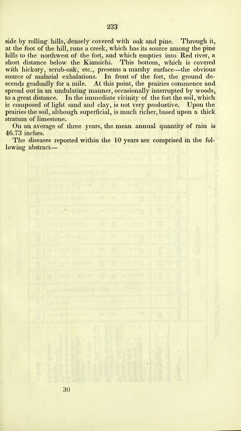side by rolling hills, densely covered with oak and pine. Through it, at the foot of the hill, runs a creek, which has its source among the pine hills to the northwest of the fort, and which empties into Red river, a short distance below the Kiamichi. This bottom, which is covered with hickory, scrub-oak, etc., presents a marshy surface—the obvious source of malarial exhalations. In front of the fort, the ground de- scends gradually for a mile. At this point, the prairies commence and spread out in an undulating manner, occasionally interrupted by woods, to a great distance. In the immediate vicinity of the fort the soil, which is composed of light sand and clay, is not very productive. Upon the prairies the soil, although superficial, is much richer, based upon a thick stratum of limestone. On an average of three years, the mean annual quantity of rain is 46.73 inches. The diseases reported within the 10 years are comprised in the fol- lowing abstract— 30