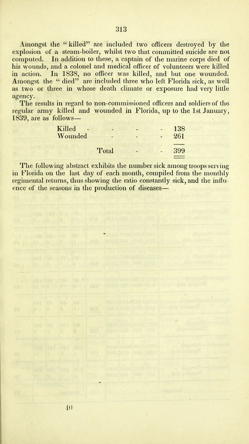 Amongst the  killed are included two officers destroyed by the explosion of a steam-boiler, whilst two that committed suicide are not computed. In addition to these, a captain of the marine corps died of his wounds, and a colonel and medical officer of volunteers were killed in action. In 1838, no officer was killed, and but one wounded. Amongst the  died are included three who left Florida sick, as well as two or three in whose death climate or exposure had very little agency. The results in regard to non-commissioned officers and soldiers of the regular army killed and wounded in Florida, up to the 1st January, 1839, are as follows— The following abstract exhibits the number sick among troops serving in Florida on the last day of each month, compiled from the monthly regimental returns, thus showing the ratio constantly sick, and the influ- ence of the seasons in the production of diseases—■ Killed Wounded 138 261 Total 399 10
